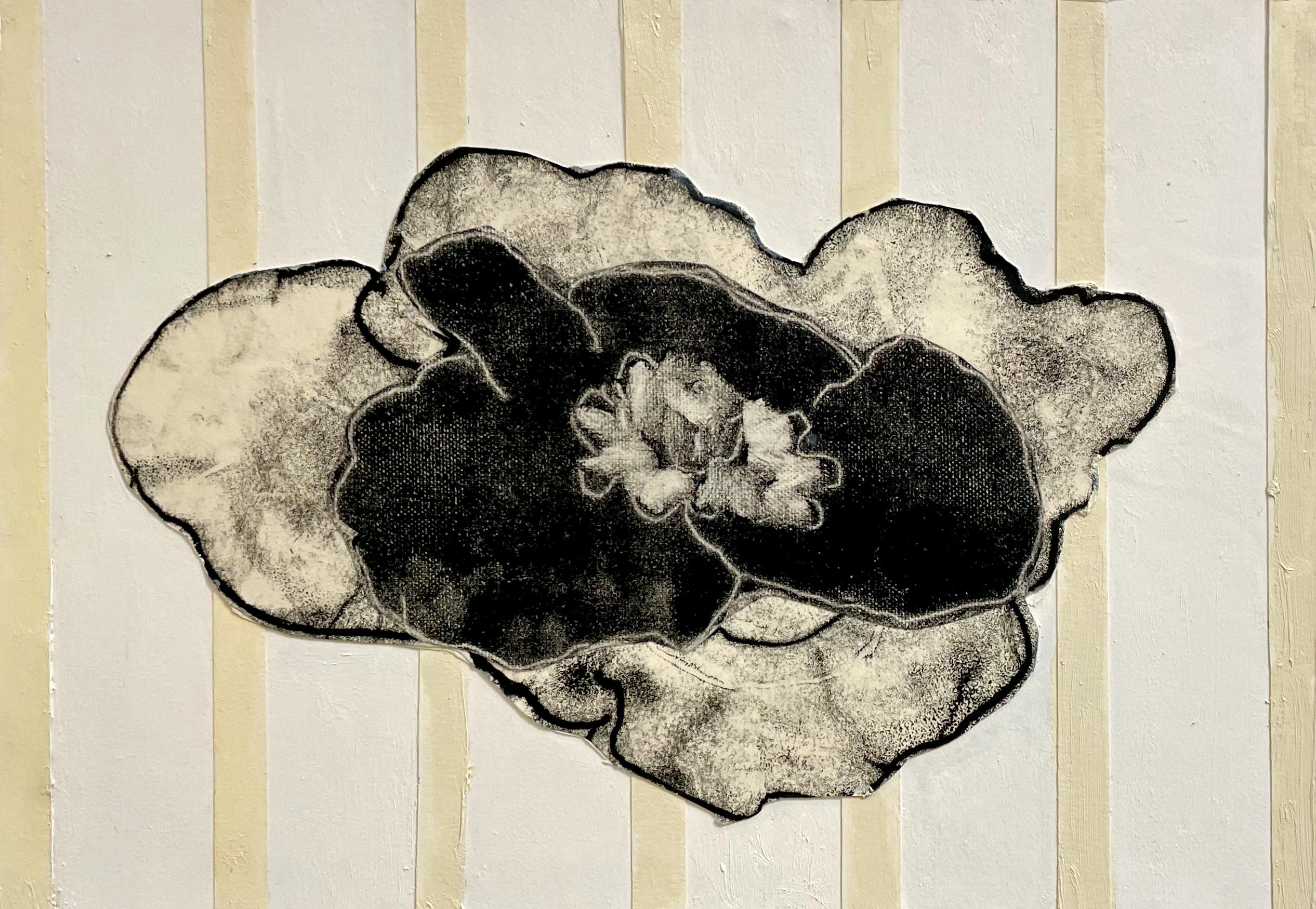 David Konigsberg Still-Life Painting – Fleur (Contemporary Black & White Floral Still Life Collage with Yellow Stripe)