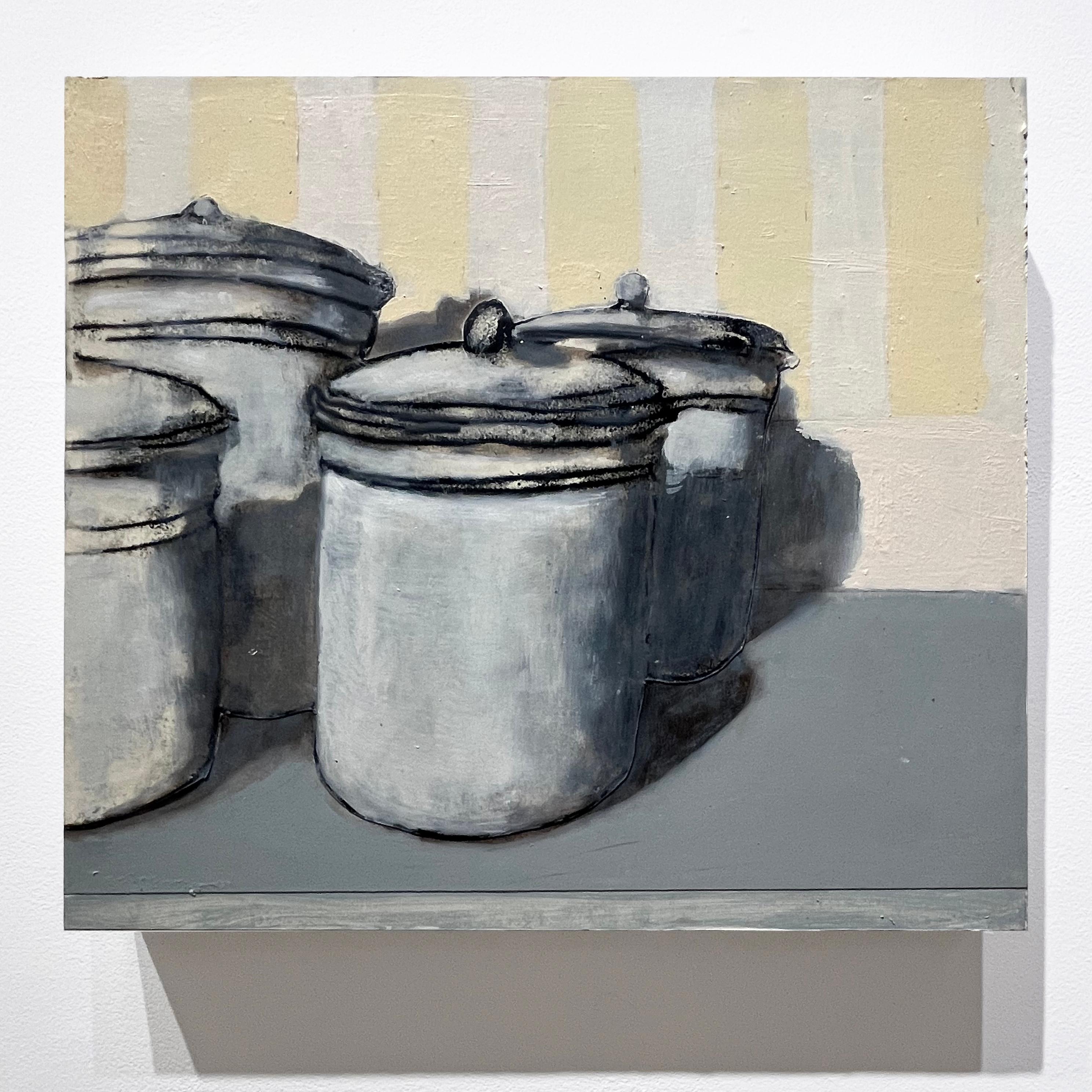 Flour, Sugar, Cornmeal, Tea (Contemporary Still Life Painting of Kitchen Jars)
Contemporary monotype, oil and collage still-life painting on panel of a collection of storage tins set on a yellow and white striped background.
David Konigsberg
Flour,
