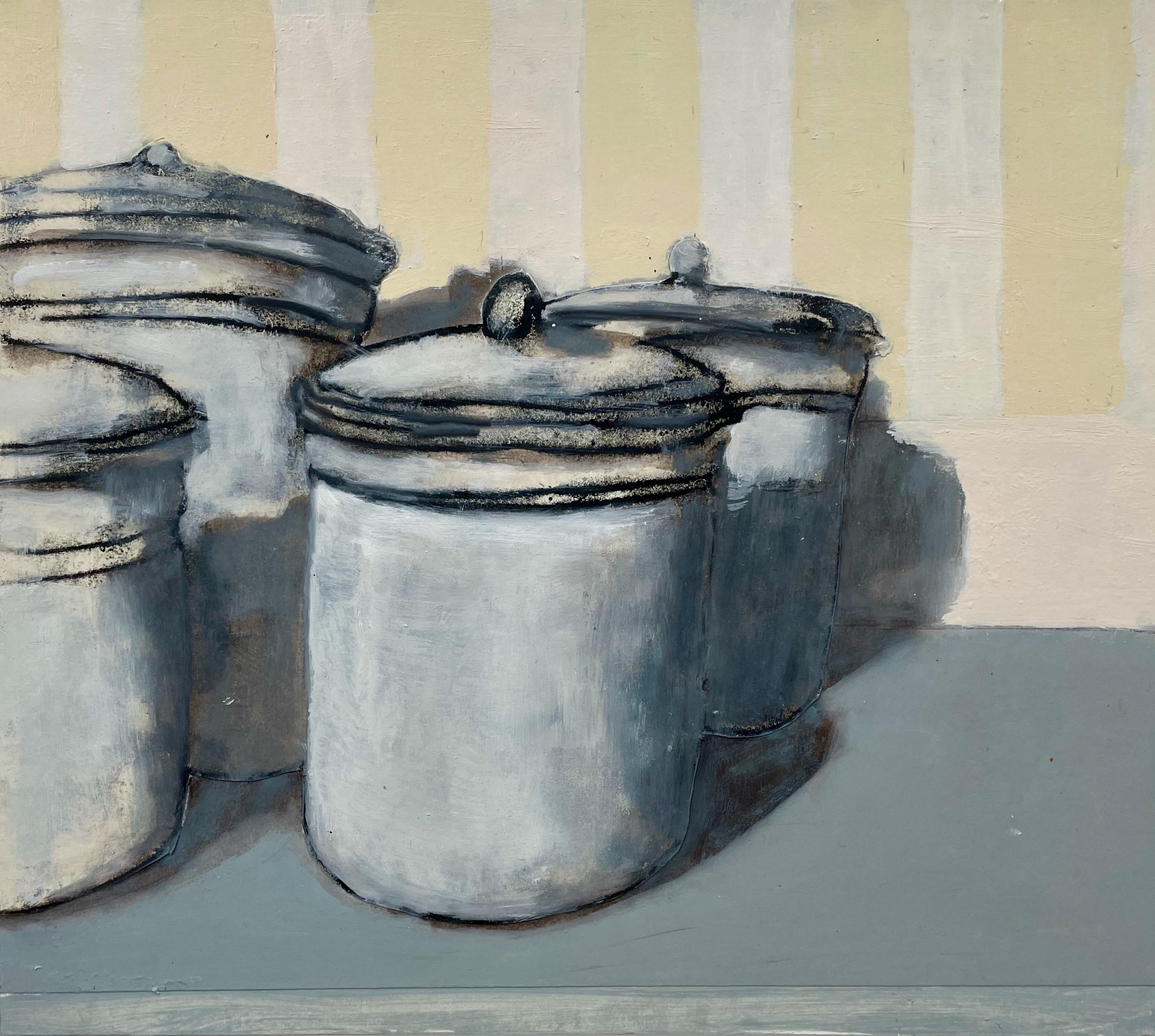 Mehl, Zucker, Maismehl, Tee (Contemporary Still Life Painting of Kitchen Jars) – Mixed Media Art von David Konigsberg