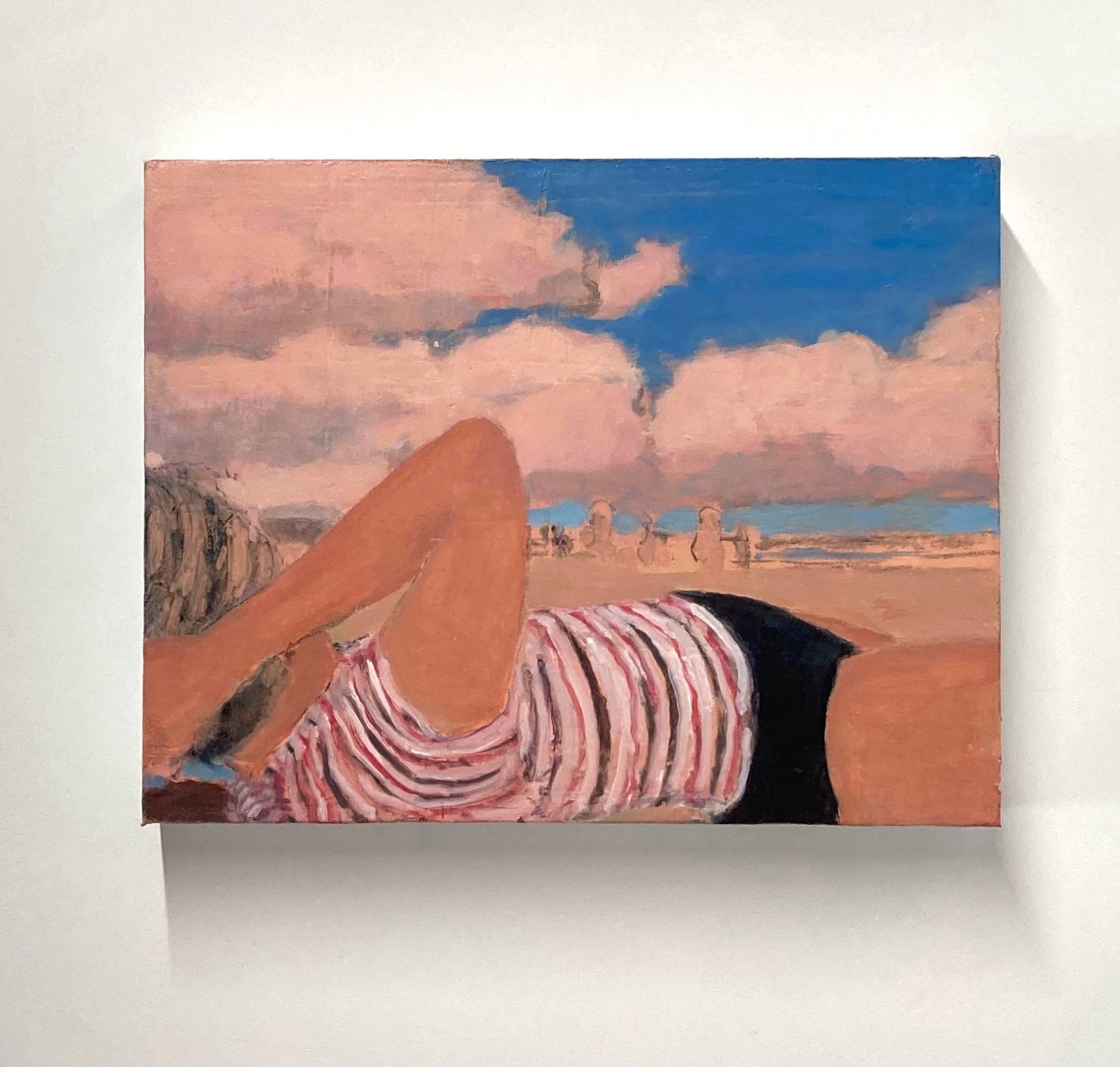 Vierundvierzigfünfzig Figur am Strand, Koralle Sand, Wolken, Blauer Himmel Sommerlandschaft – Painting von David Konigsberg