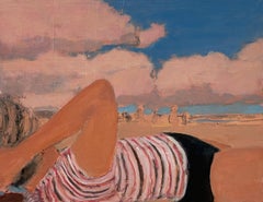 Quatre-cinq personnages sur la plage, sable de corail, nuages, paysage d'été au ciel bleu