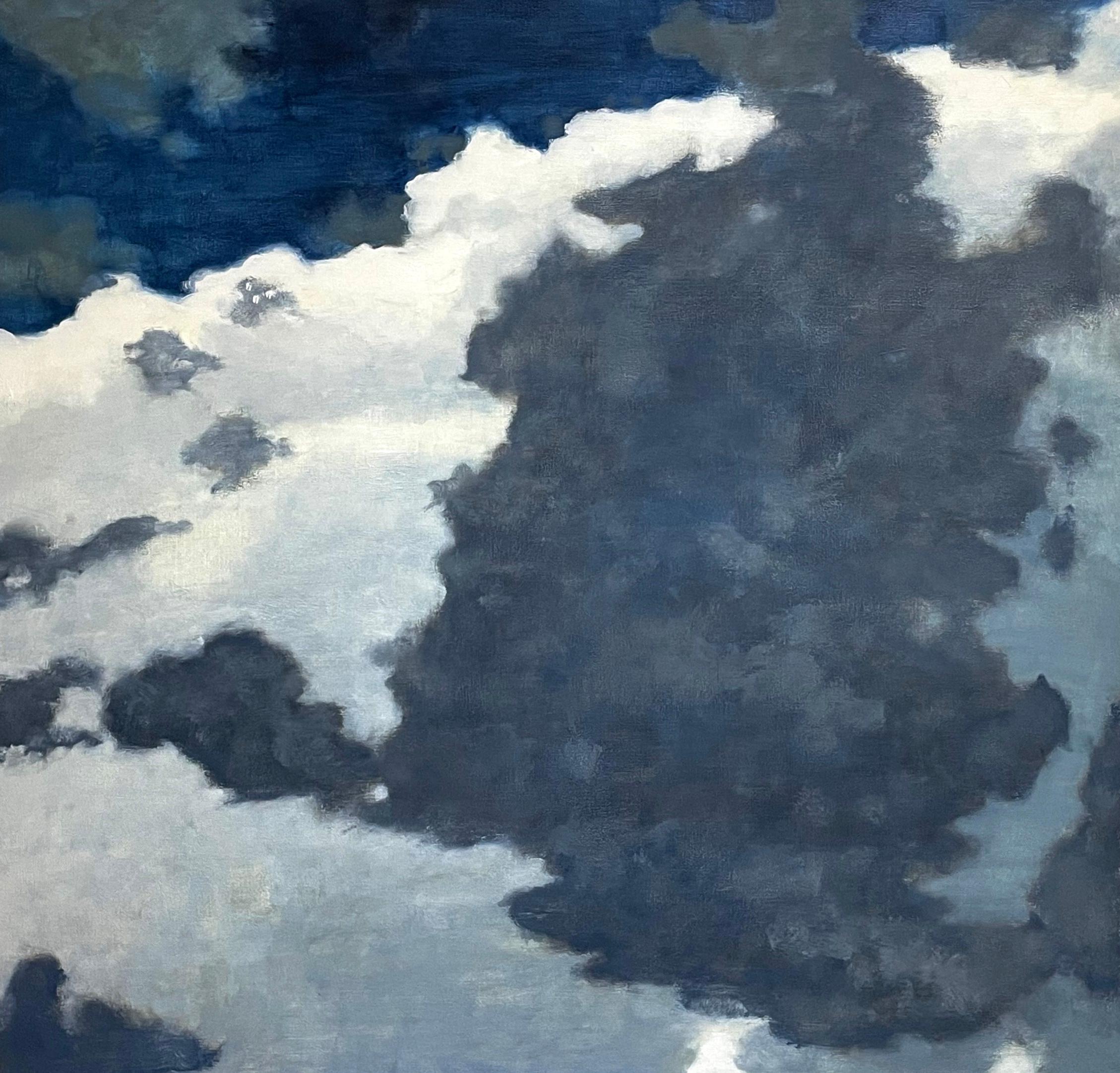 David Konigsberg Landscape Painting - From A Window Seat One, Cream Ivory Clouds, Cobalt Gray Blue Sky, Skyscape