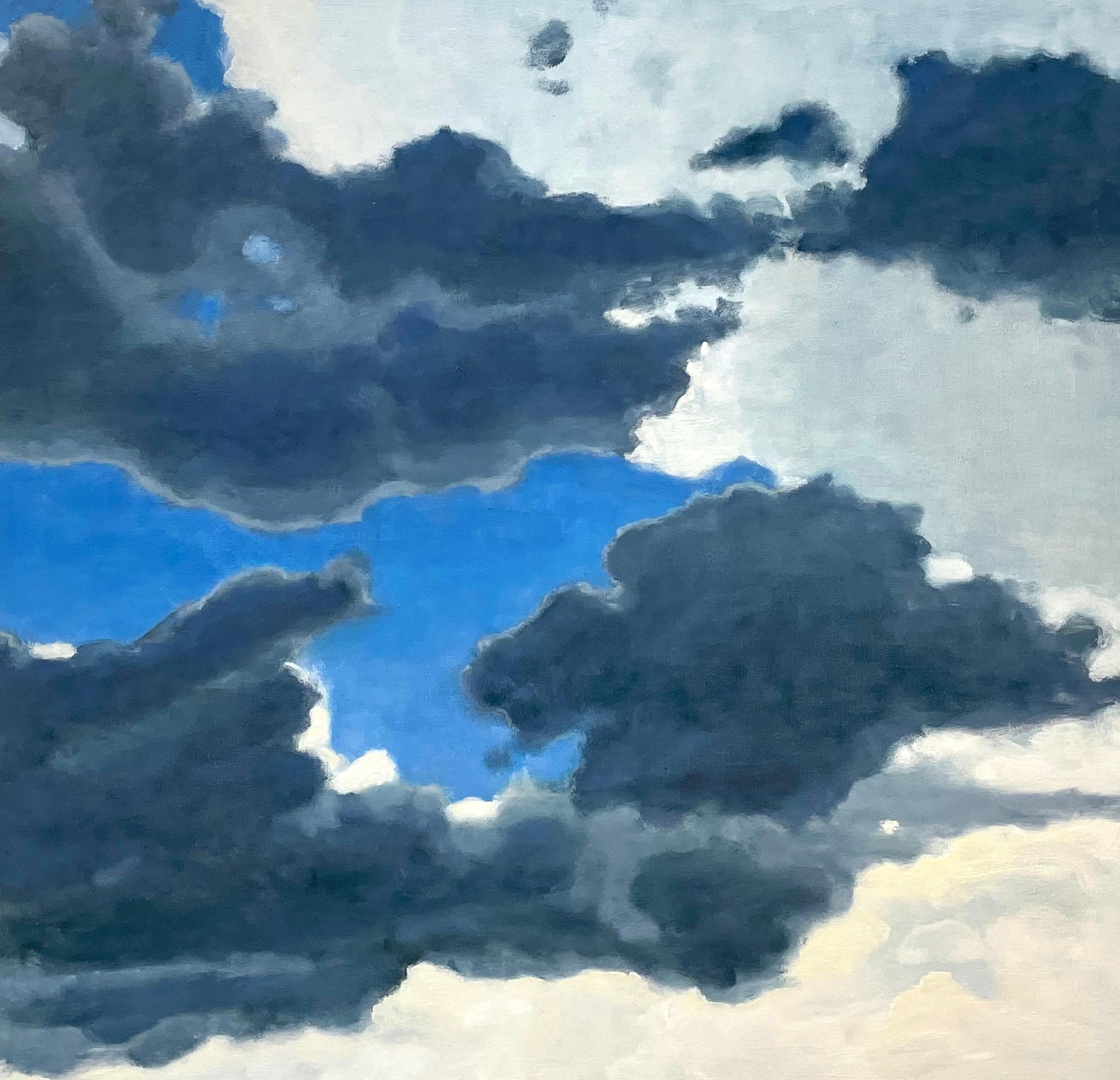 David Konigsberg Landscape Painting - From A Window Seat Two - Skyscape Oil Painting Ivory Gray Clouds Blue Sky, 2021