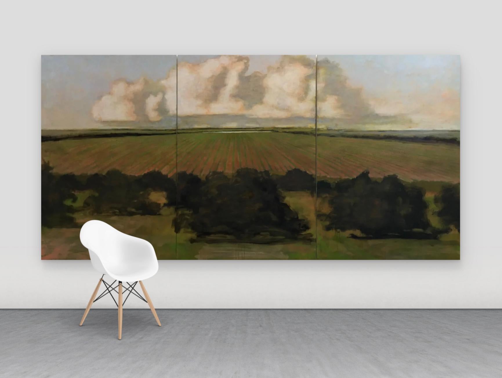 From the Orchard, Evening, Landscape Painting of Clouds, Sky, Gold, Green Field 2