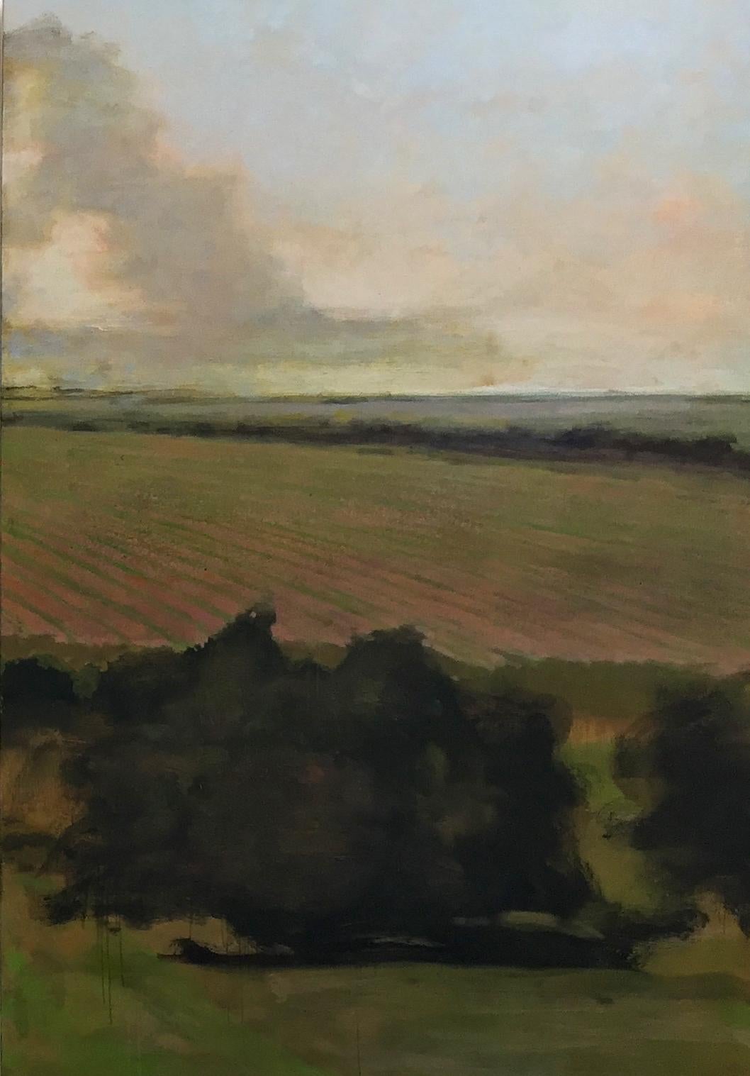 From the Orchard, Evening, Landscape Painting of Clouds, Sky, Gold, Green Field 6