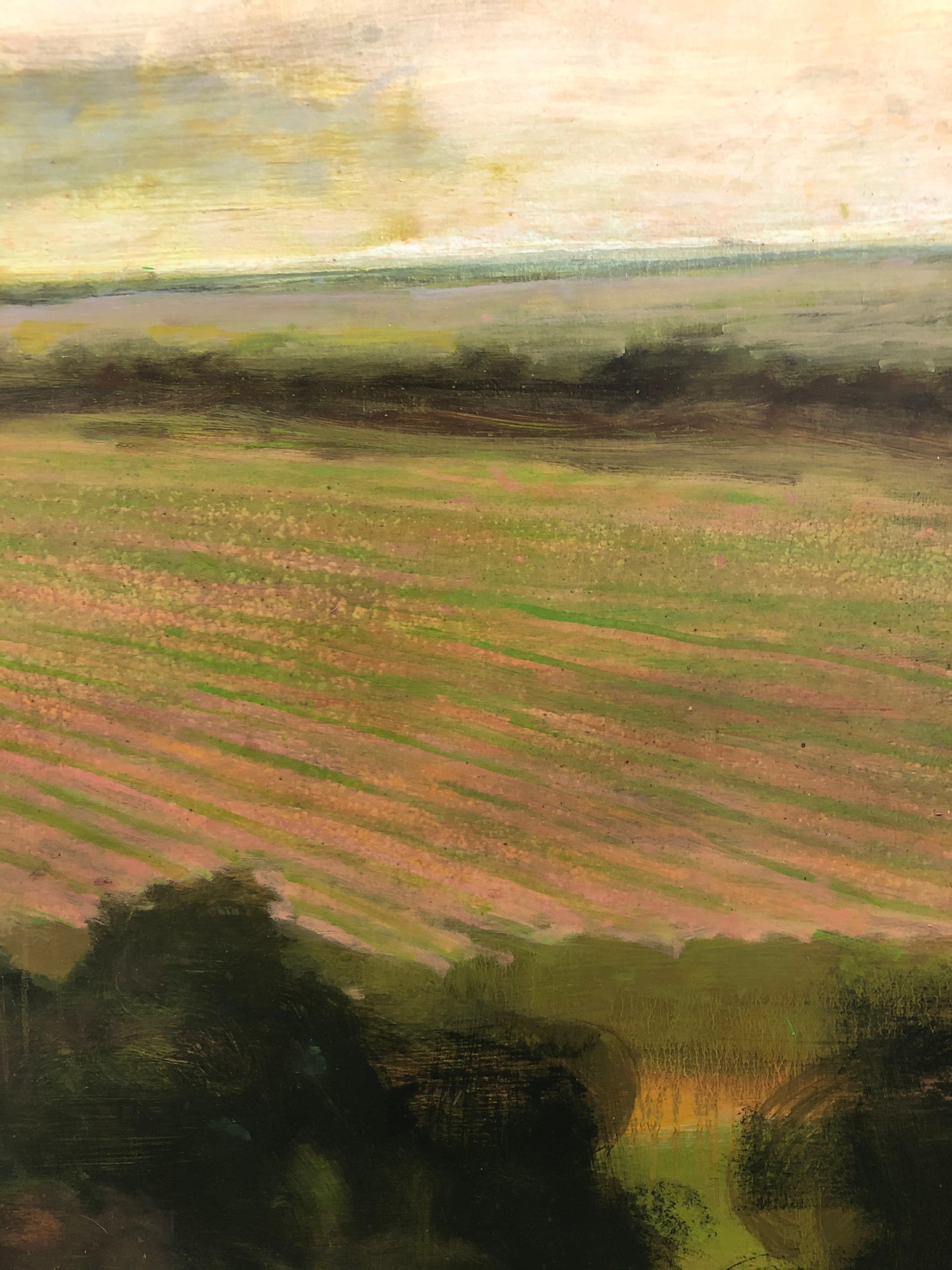 From the Orchard, Evening, Landscape Painting of Clouds, Sky, Gold, Green Field 7