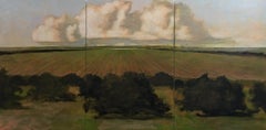 From the Orchard, Evening, Landscape Painting of Clouds, Sky, Gold, Green Field