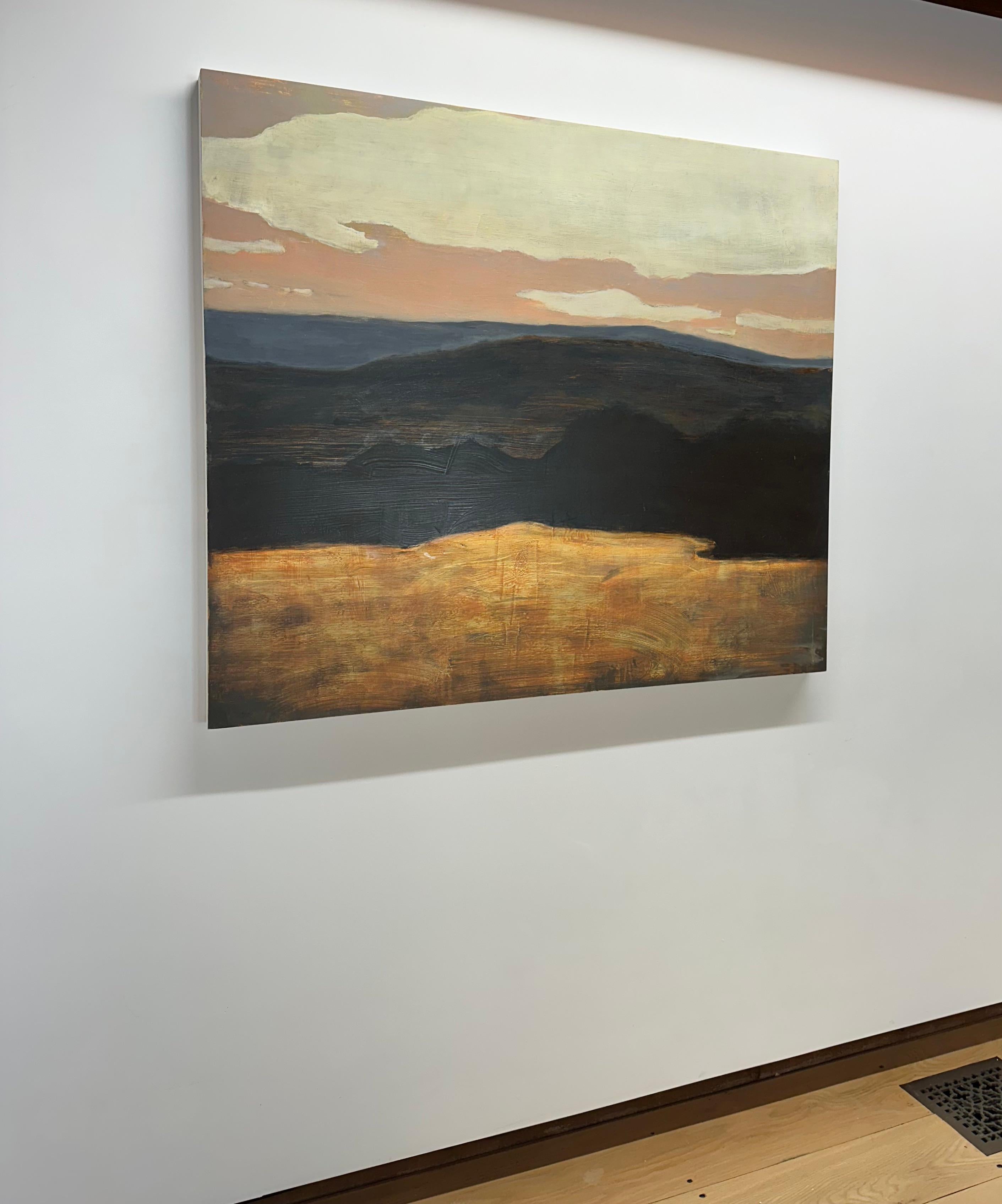 In this contemporary landscape in oil on panel, ivory clouds float in an idyllic pink sky over brown rolling hills and mountains. Signed, dated and titled on verso.

David Konigsberg applies many layers of thinned oil paint to achieve his