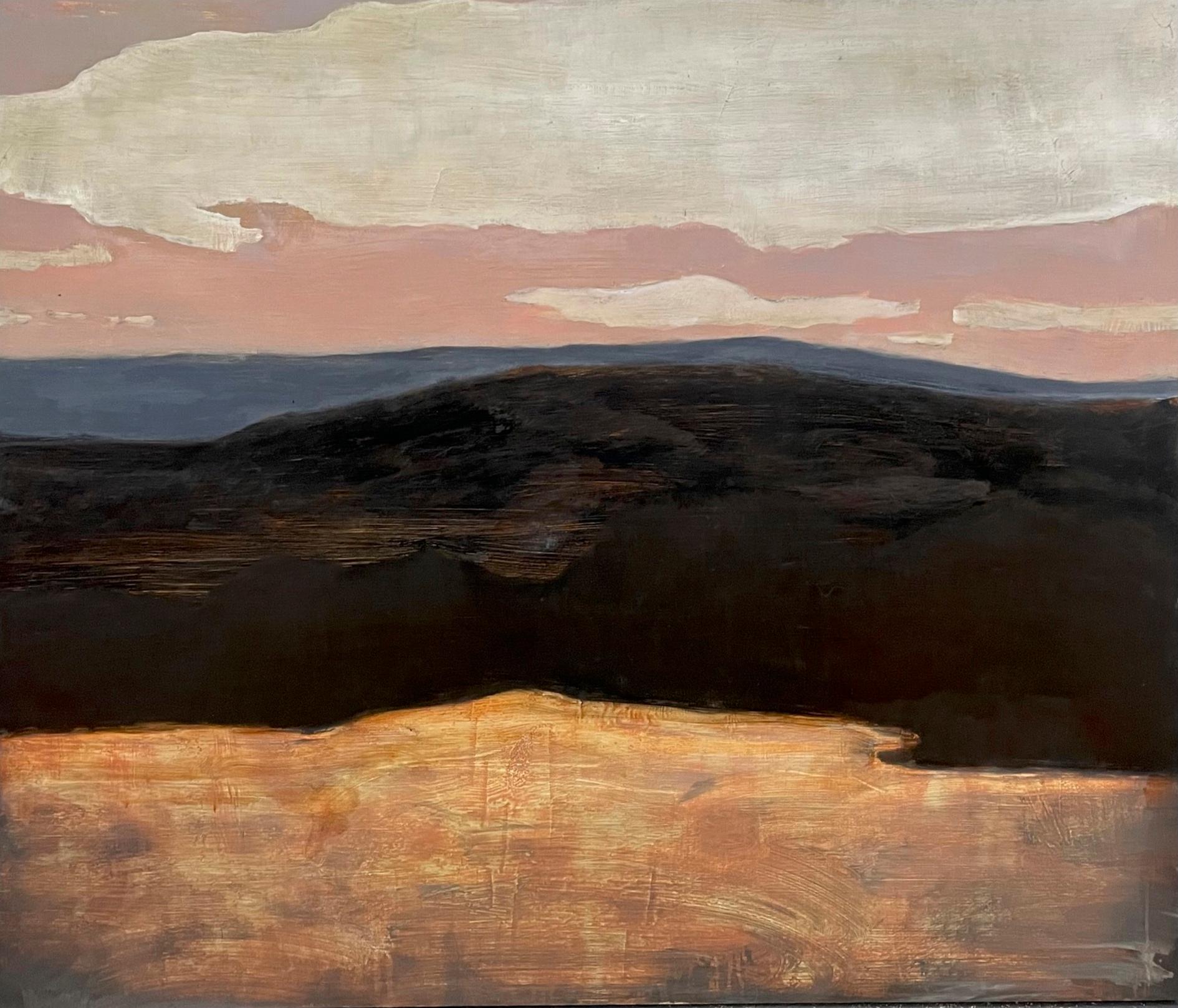 David Konigsberg Landscape Painting - Graphic Landscape - Contemporary Painting Clouds Blue Sky Brown Mountain, 2024