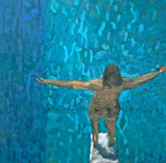 High Board (Impressionist Style Figurative Painting of a Figure & Blue Pool) 