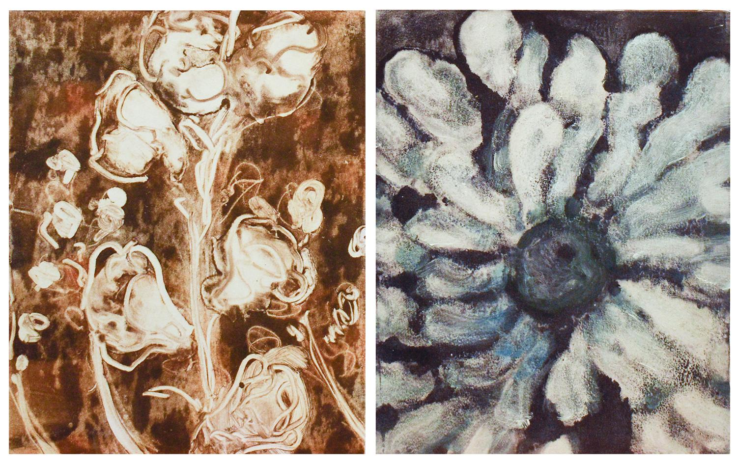 Hollyhock and Zin (Abstract Floral Painting Diptych in Brown and Blue)