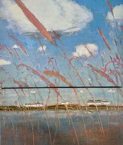 Inlet - Contemporary Landscape Marsh Reeds Blue Sky White Clouds Water, 2023