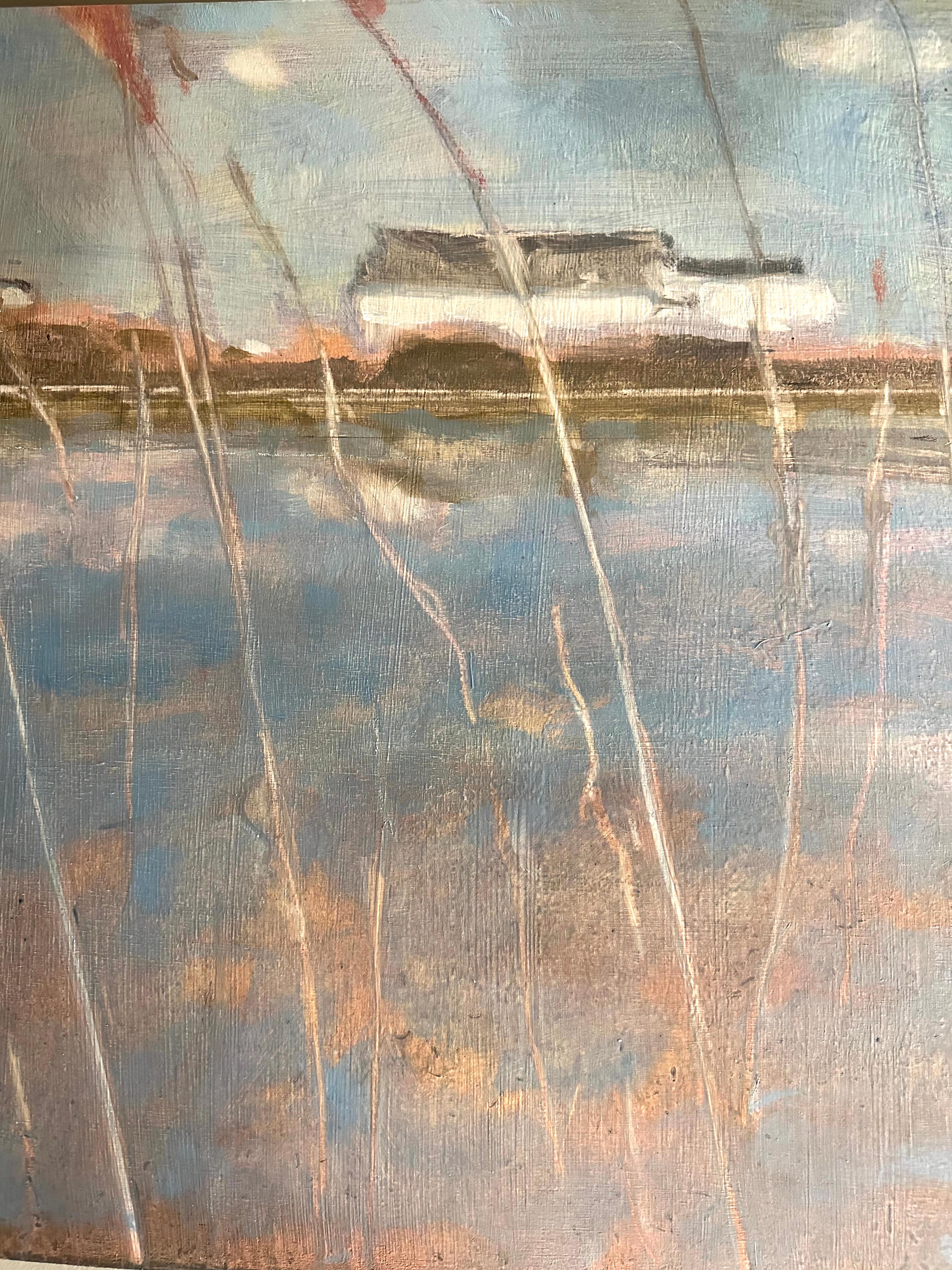 En este paisaje contemporáneo pintado al óleo sobre lienzo por David Konigsberg, se capta el dramatismo y la sublime belleza del vasto cielo estival del valle del Hudson, en el estado de Nueva York. El artista es ampliamente reconocido por las nubes