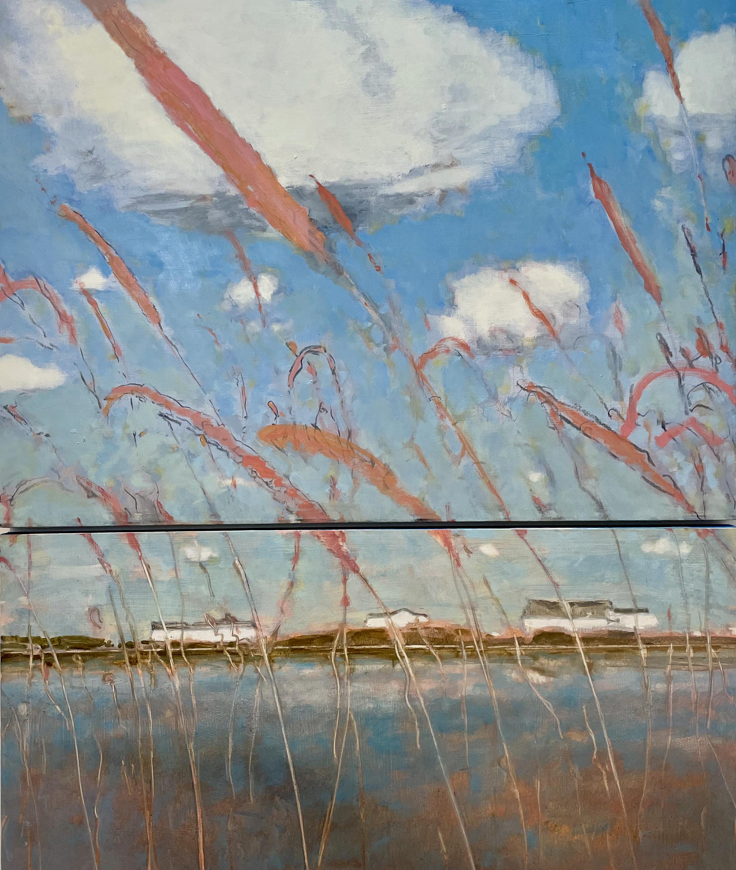 David Konigsberg Landscape Painting - Inlet, Landscape, Pink Wheat Field, Blue Sky, White Clouds Over Water, Houses