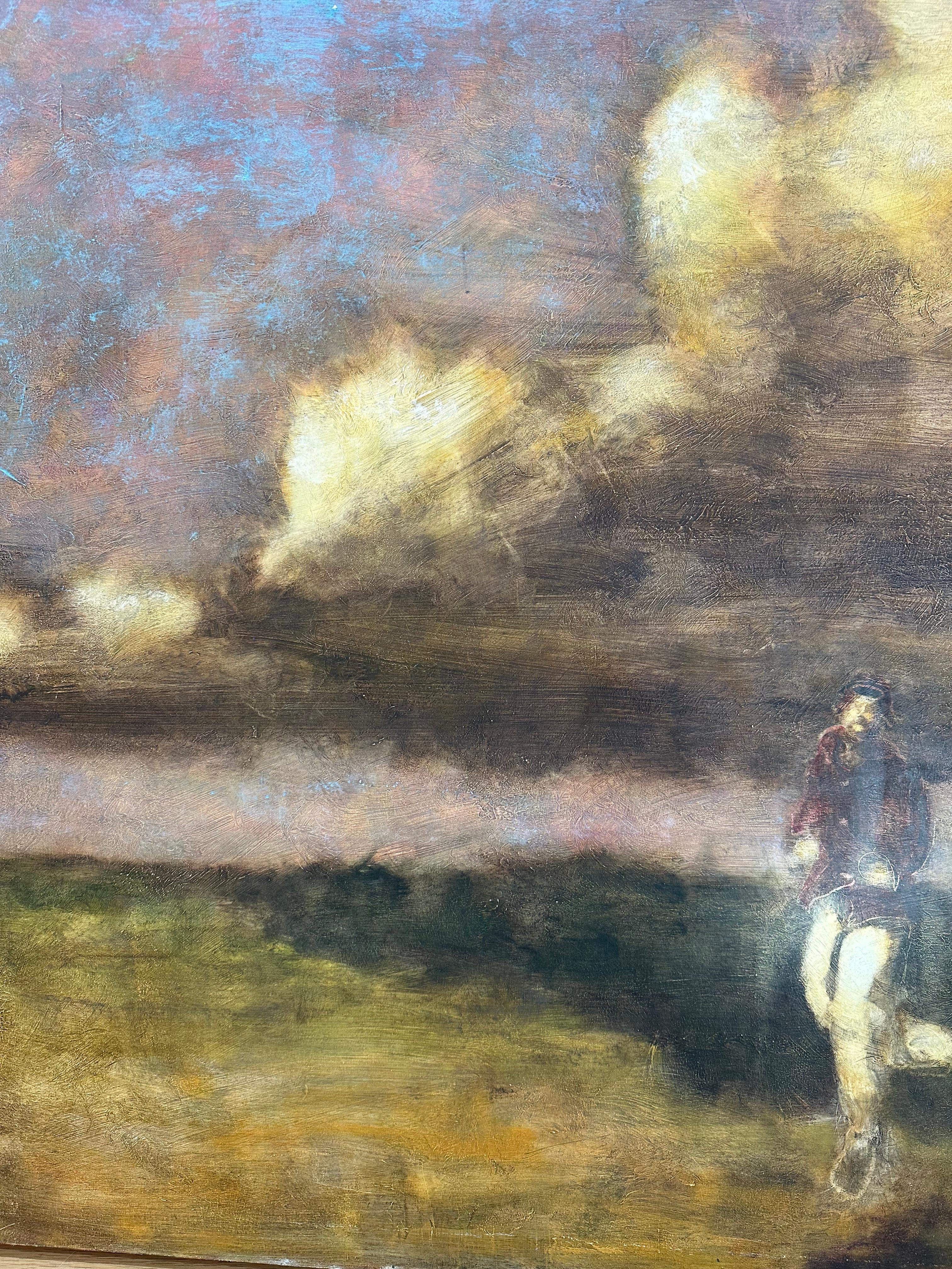 En este óleo figurativo contemporáneo sobre lienzo, una figura que salta parece flotar sobre un campo con los brazos extendidos mientras cúmulos de nubes flotan en el cielo. Firmado, fechado y titulado en el reverso.

David Konigsberg aplica muchas