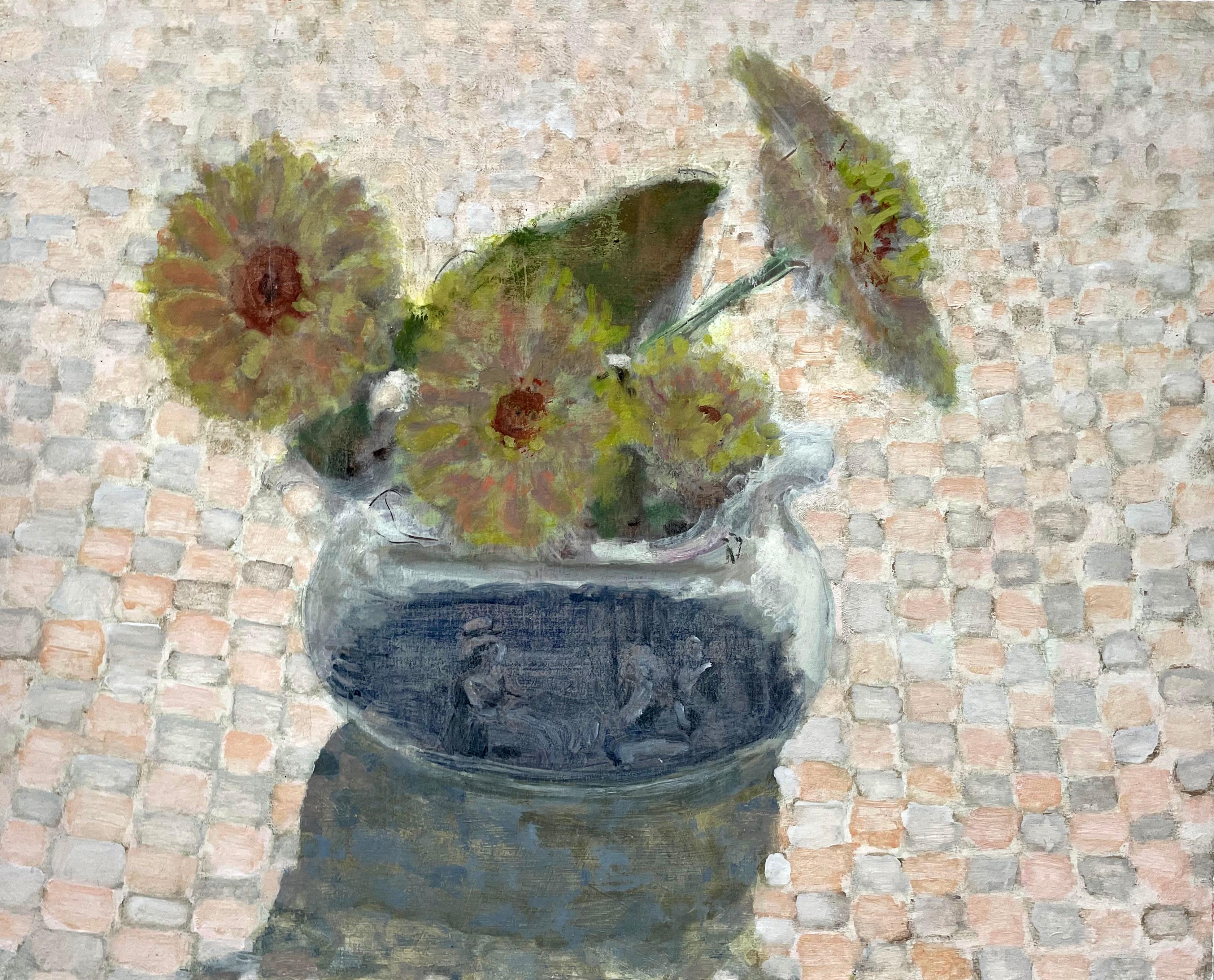 David Konigsberg Still-Life Painting - Last Zins, Botanical, Pitcher, Yellow Zinnia Flowers, Checkered Pattern