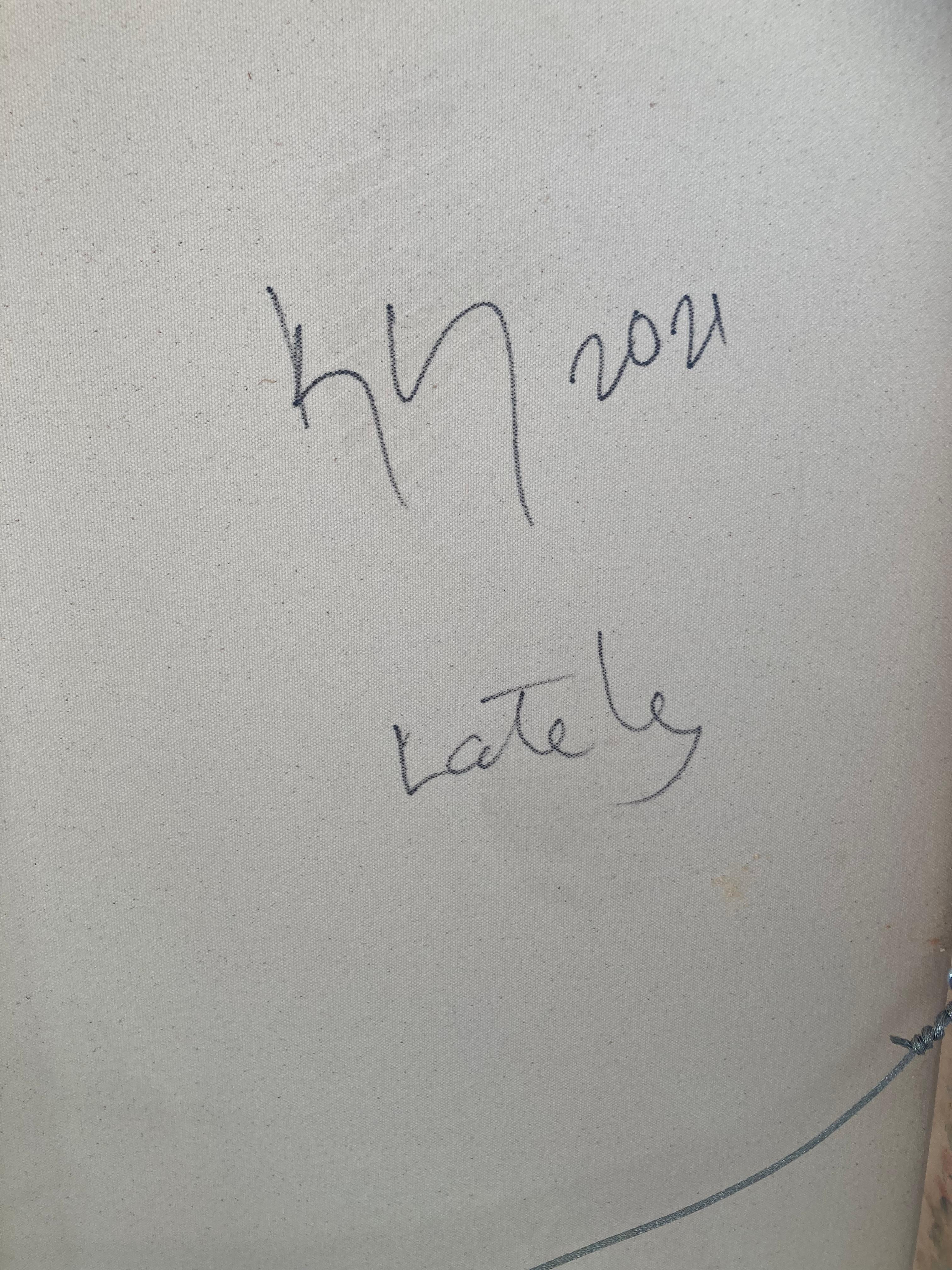 Lately - Figurative Malerei Seelandschaft Schwimmer Dark Ocean Peach Sky Clouds, 2021 im Angebot 7