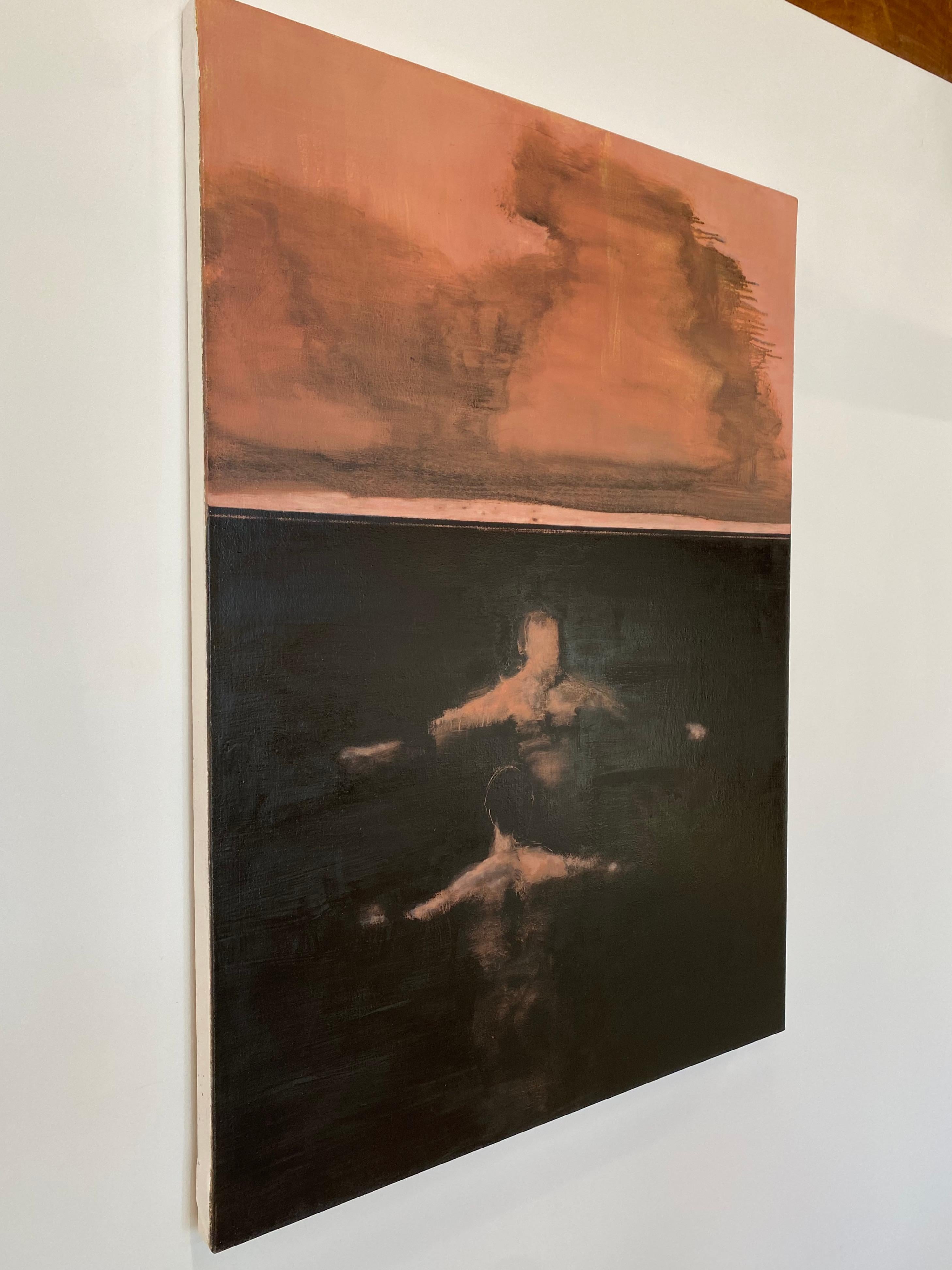 Lately - Figurative Malerei Seelandschaft Schwimmer Dark Ocean Peach Sky Clouds, 2021 (Zeitgenössisch), Painting, von David Konigsberg