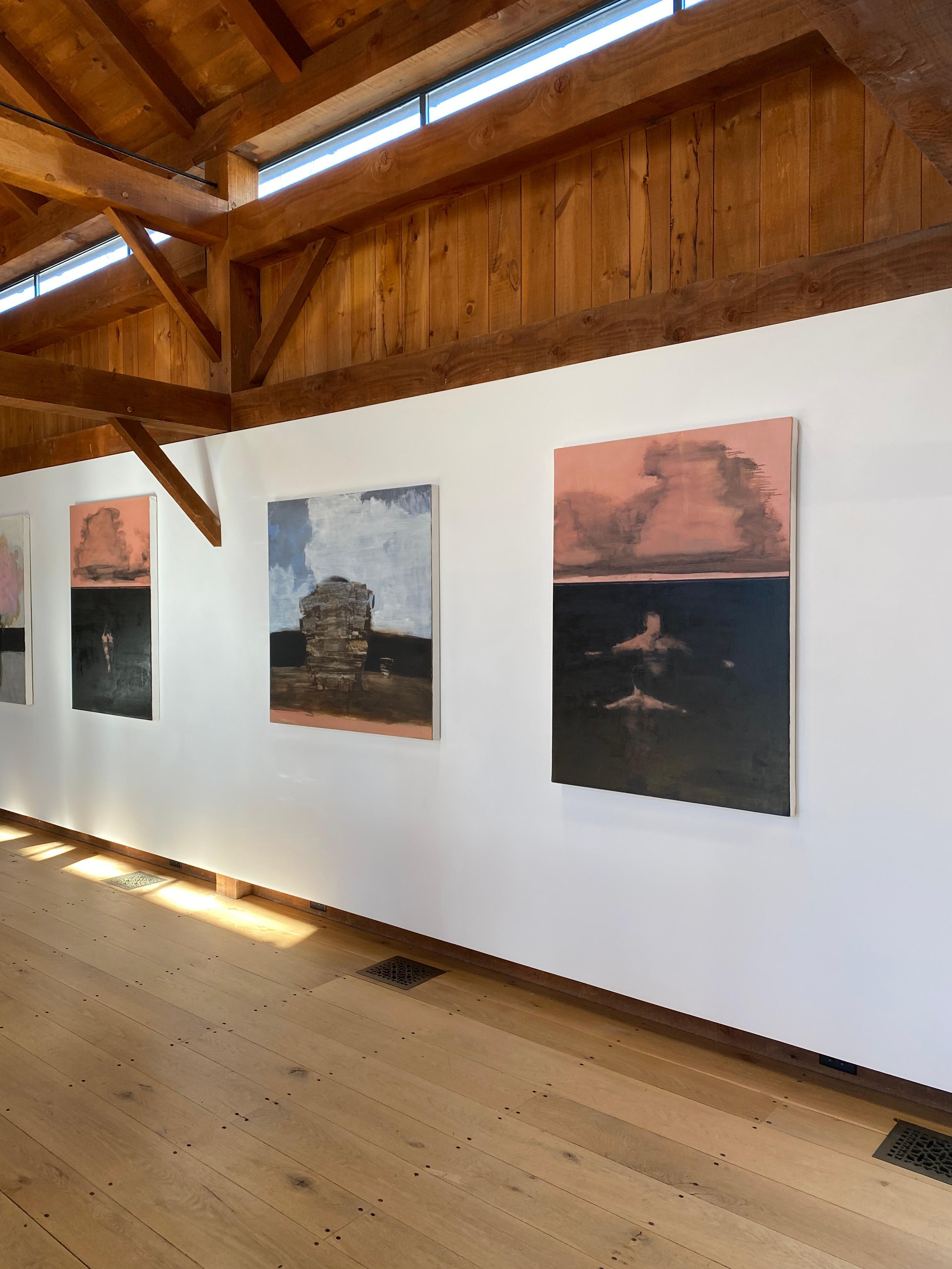 Lately - Figurative Malerei Seelandschaft Schwimmer Dark Ocean Peach Sky Clouds, 2021 (Schwarz), Figurative Painting, von David Konigsberg