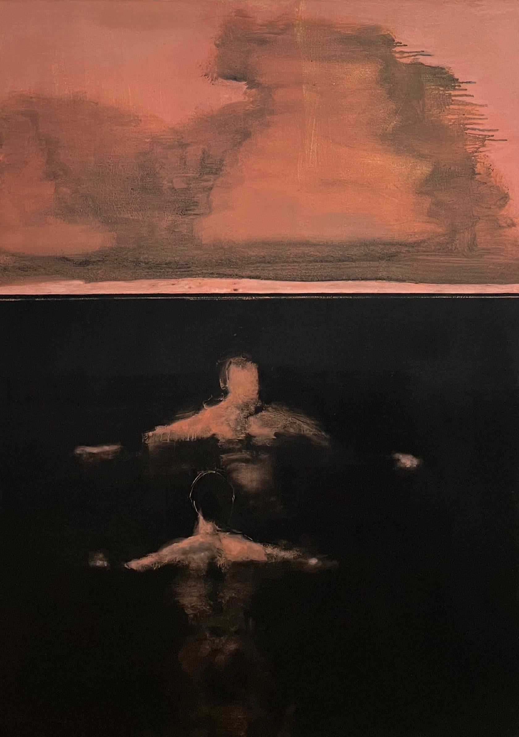 David Konigsberg Figurative Painting – Lately - Figurative Malerei Seelandschaft Schwimmer Dark Ocean Peach Sky Clouds, 2021