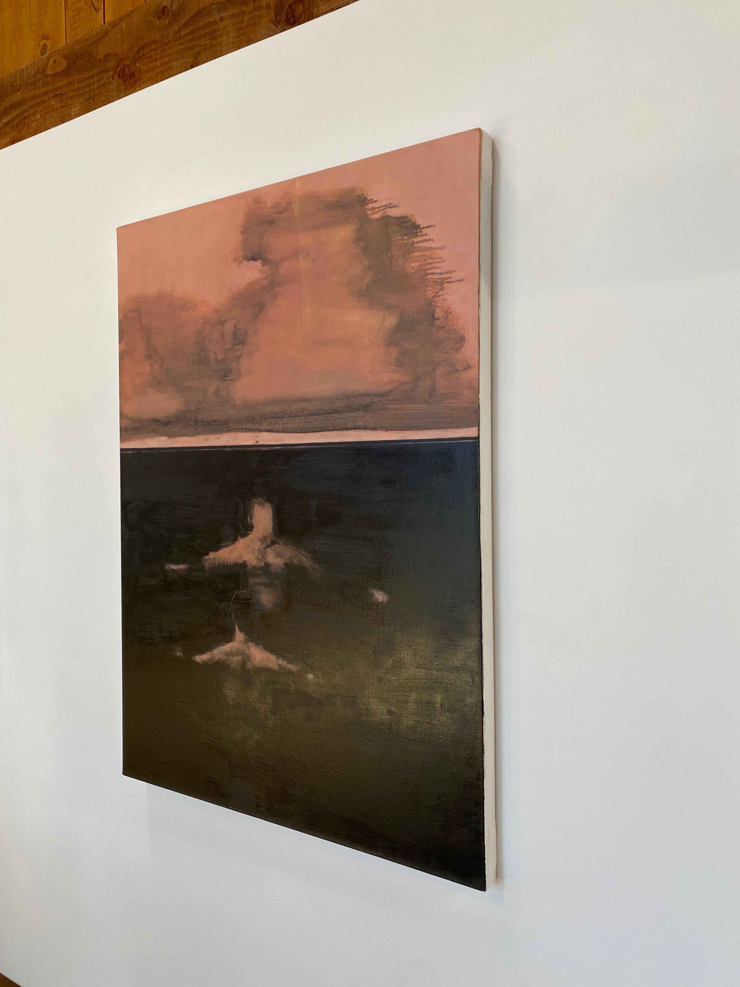 Últimamente - Pintura al Óleo Figurativa Paisaje Marino Nadador Océano Oscuro Nubes Melocotón, 2021 en venta 6