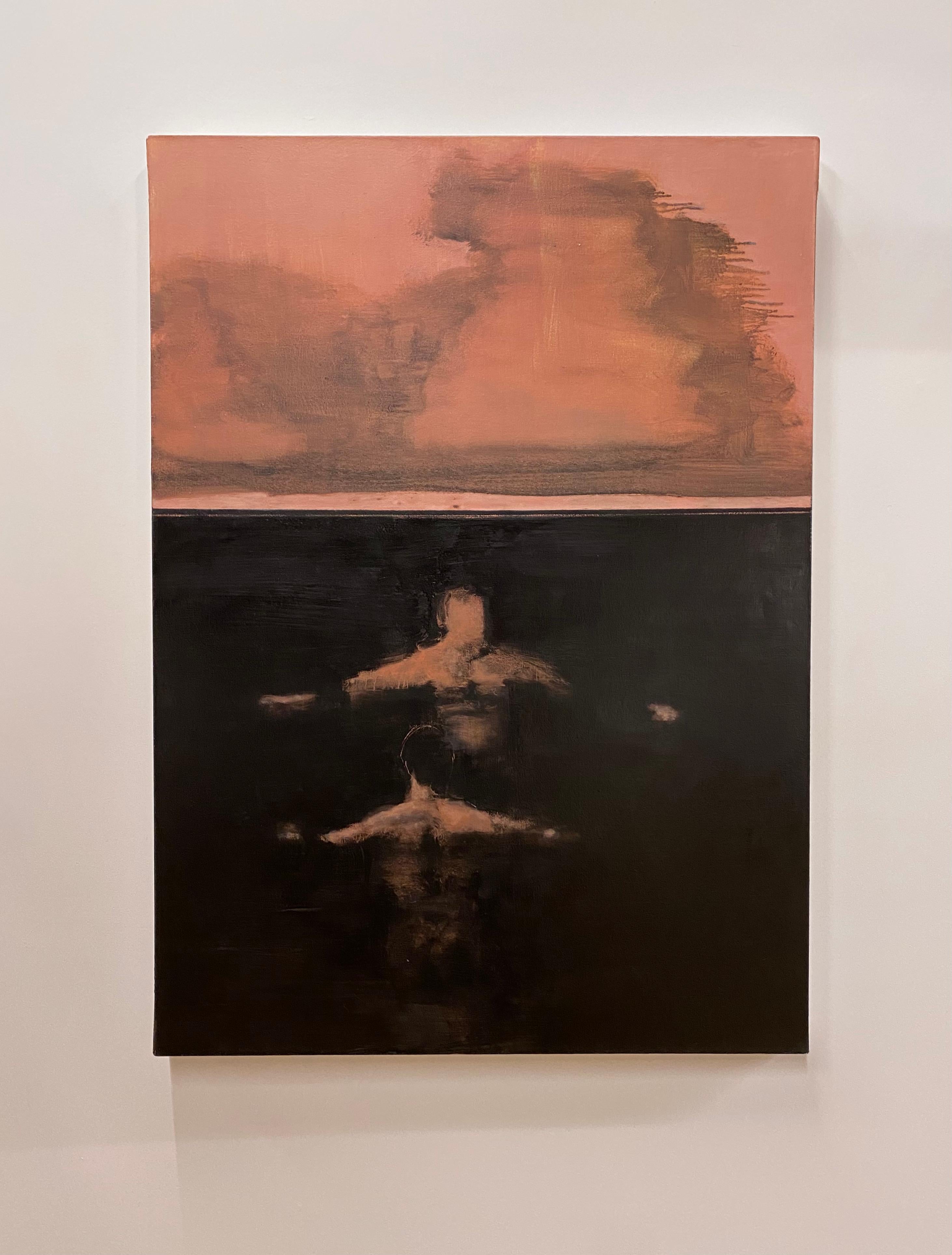 Últimamente - Pintura al Óleo Figurativa Paisaje Marino Nadador Océano Oscuro Nubes Melocotón, 2021 - Painting de David Konigsberg