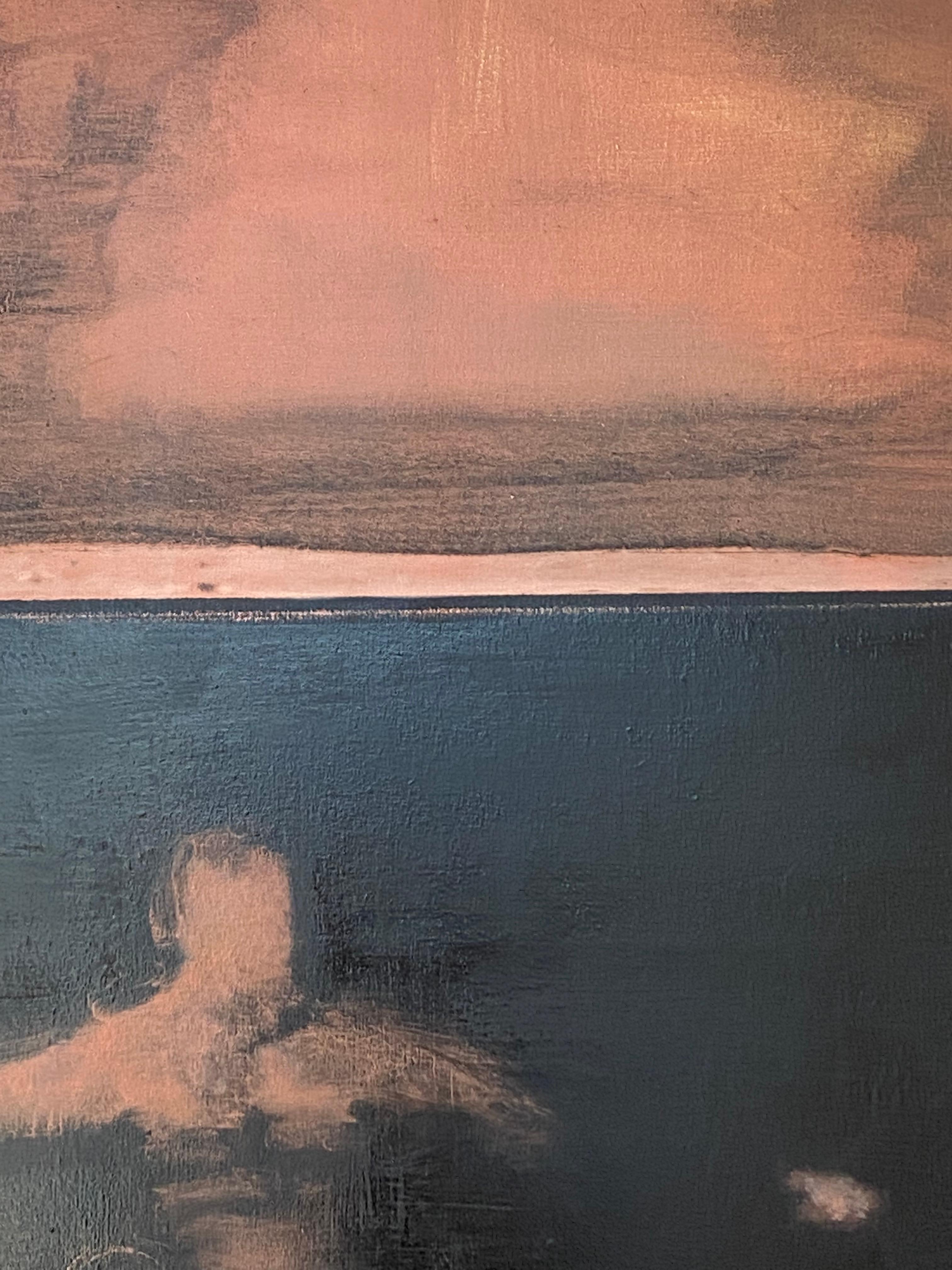 Últimamente - Pintura al Óleo Figurativa Paisaje Marino Nadador Océano Oscuro Nubes Melocotón, 2021 en venta 1