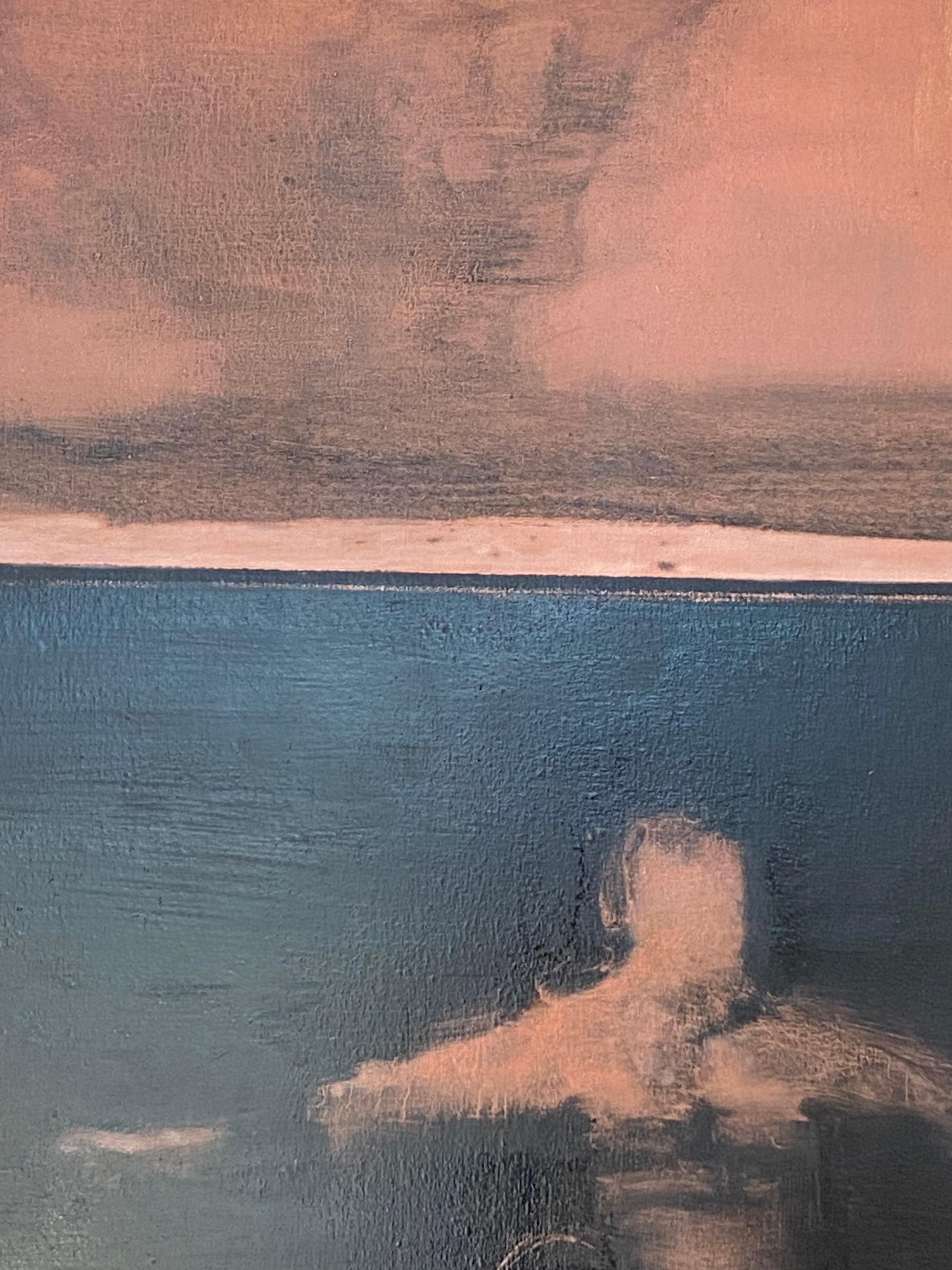Últimamente - Pintura al Óleo Figurativa Paisaje Marino Nadador Océano Oscuro Nubes Melocotón, 2021 en venta 2