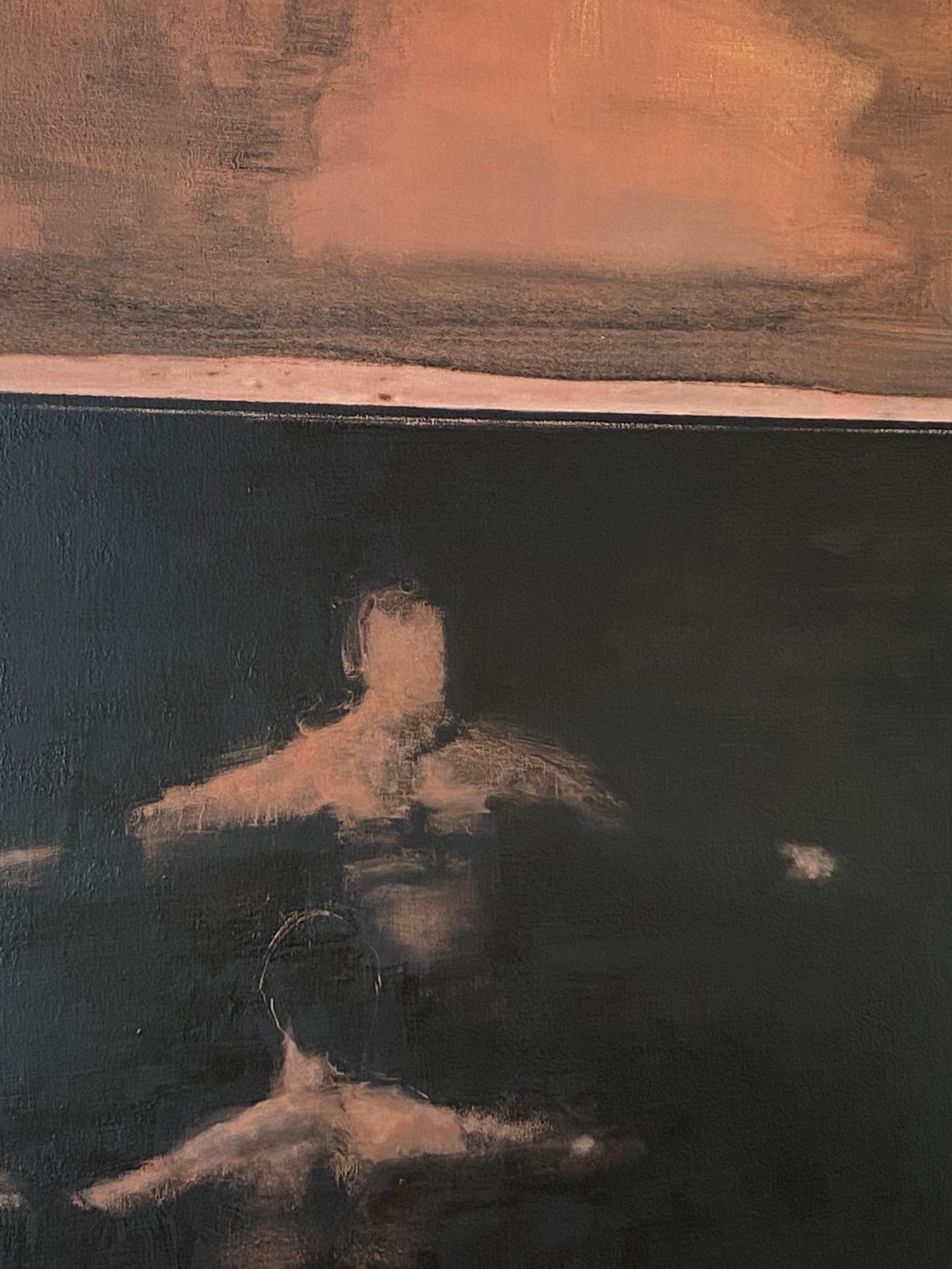 Últimamente - Pintura al Óleo Figurativa Paisaje Marino Nadador Océano Oscuro Nubes Melocotón, 2021 en venta 3