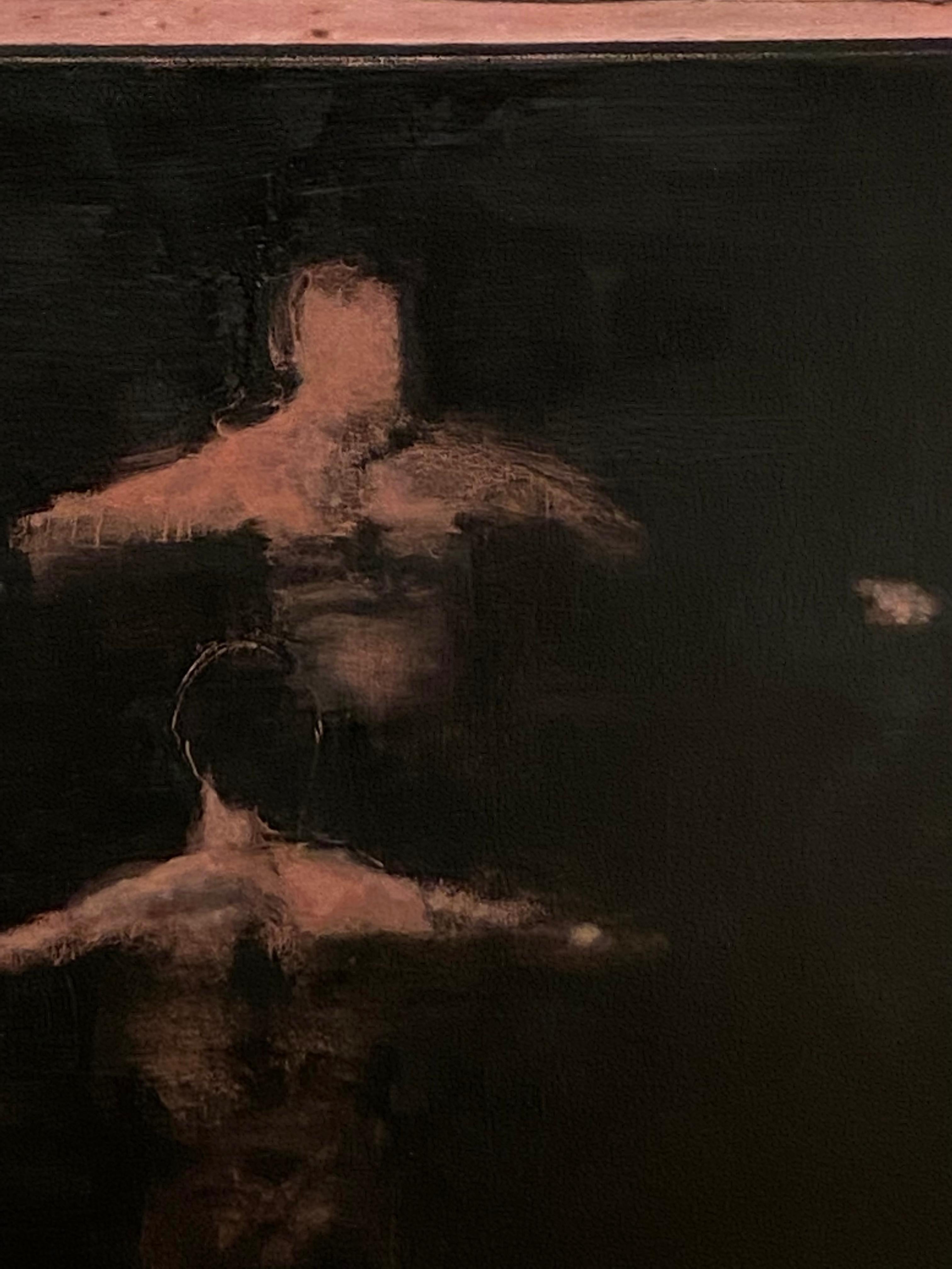 Últimamente - Pintura al Óleo Figurativa Paisaje Marino Nadador Océano Oscuro Nubes Melocotón, 2021 en venta 4
