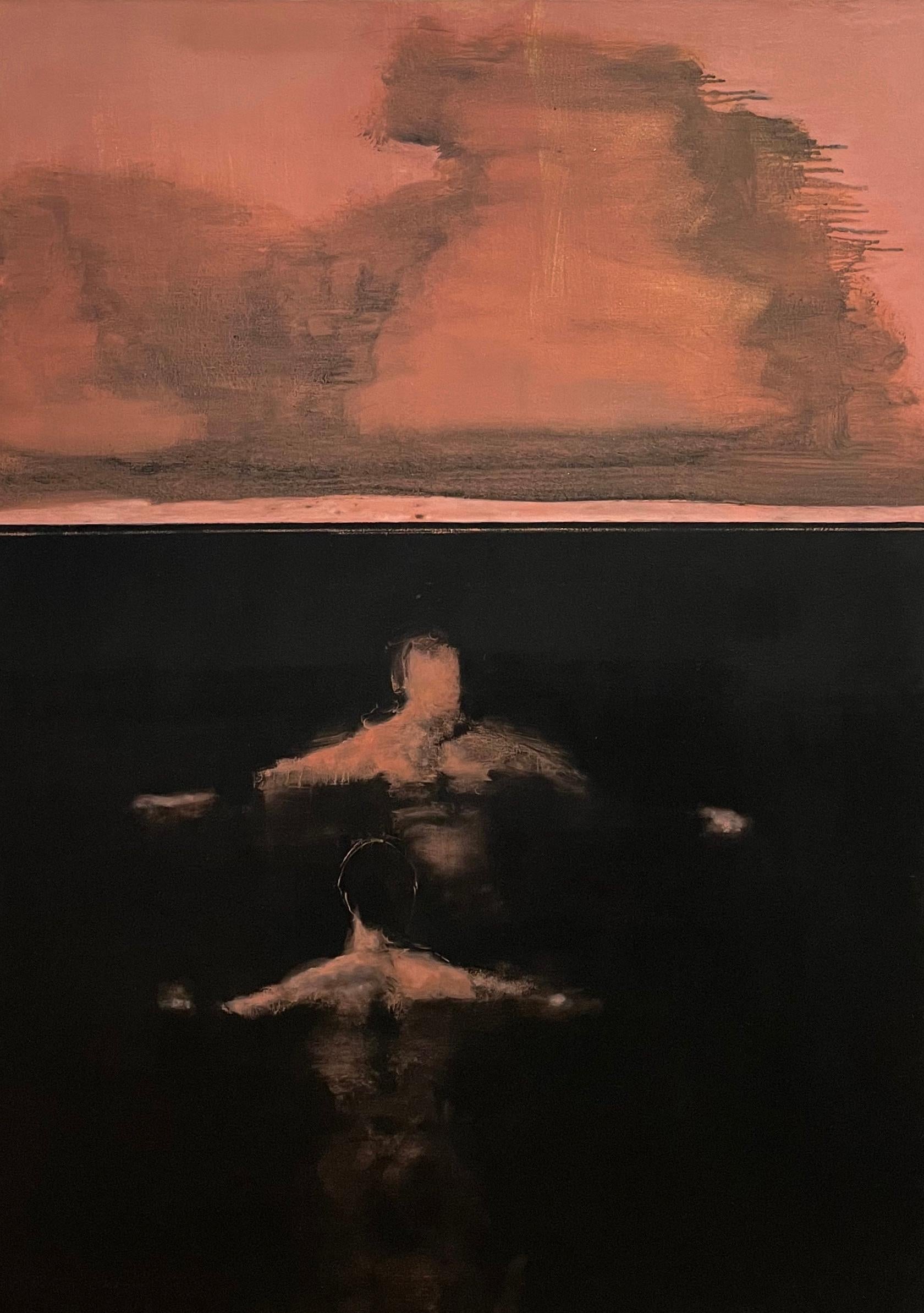 David Konigsberg Landscape Painting - Lately, Seascape, Figures Swimming in Ocean, Dark Charcoal Black, Coral Clouds
