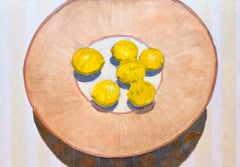 Lemon Bowl (Modern Still Life Painting of Yellow Fruit in a Peach Colored Bowl)