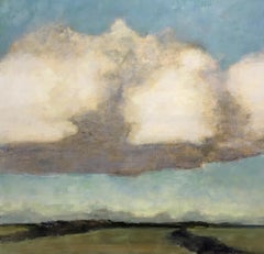 Lone Cumulus, Blue, Cream and Green Landscape Painting of Clouds, Sky and Field