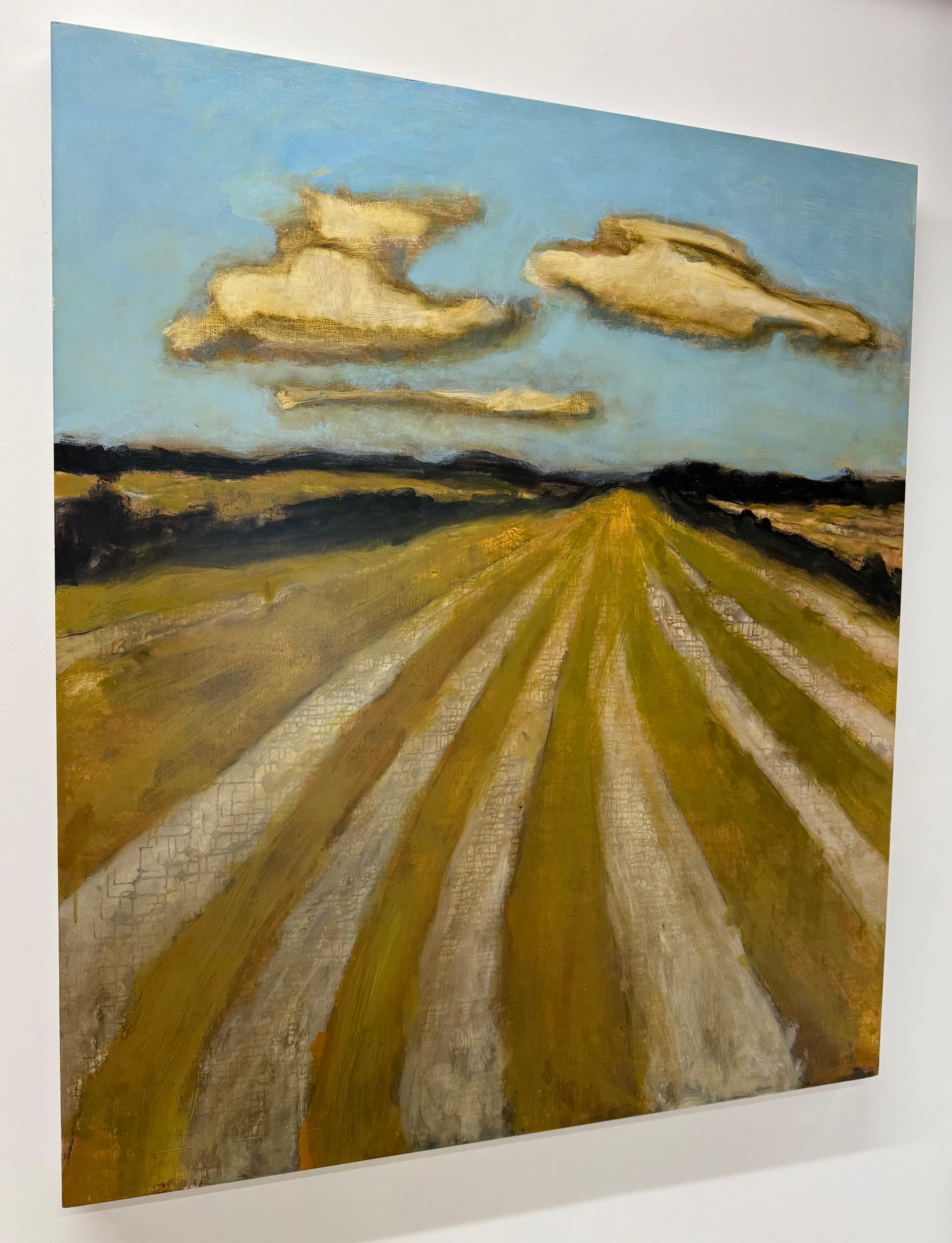 Long Field - Contemporary Landscape Bleu ciel blanc nuages jaune d'or, 2025 - Painting de David Konigsberg