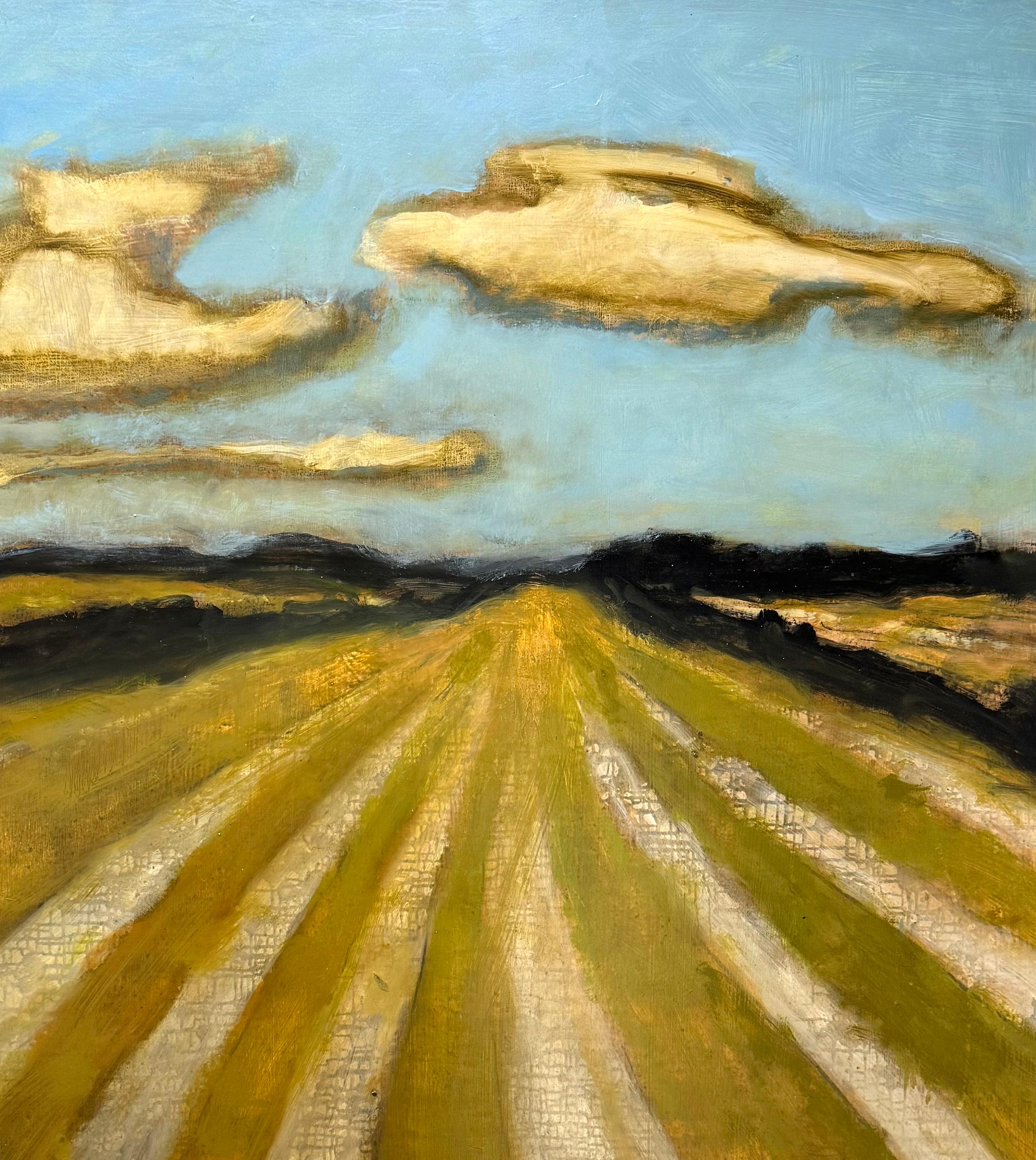 Long Field - Contemporary Landscape Bleu ciel blanc nuages jaune d'or, 2025 - Contemporain Painting par David Konigsberg