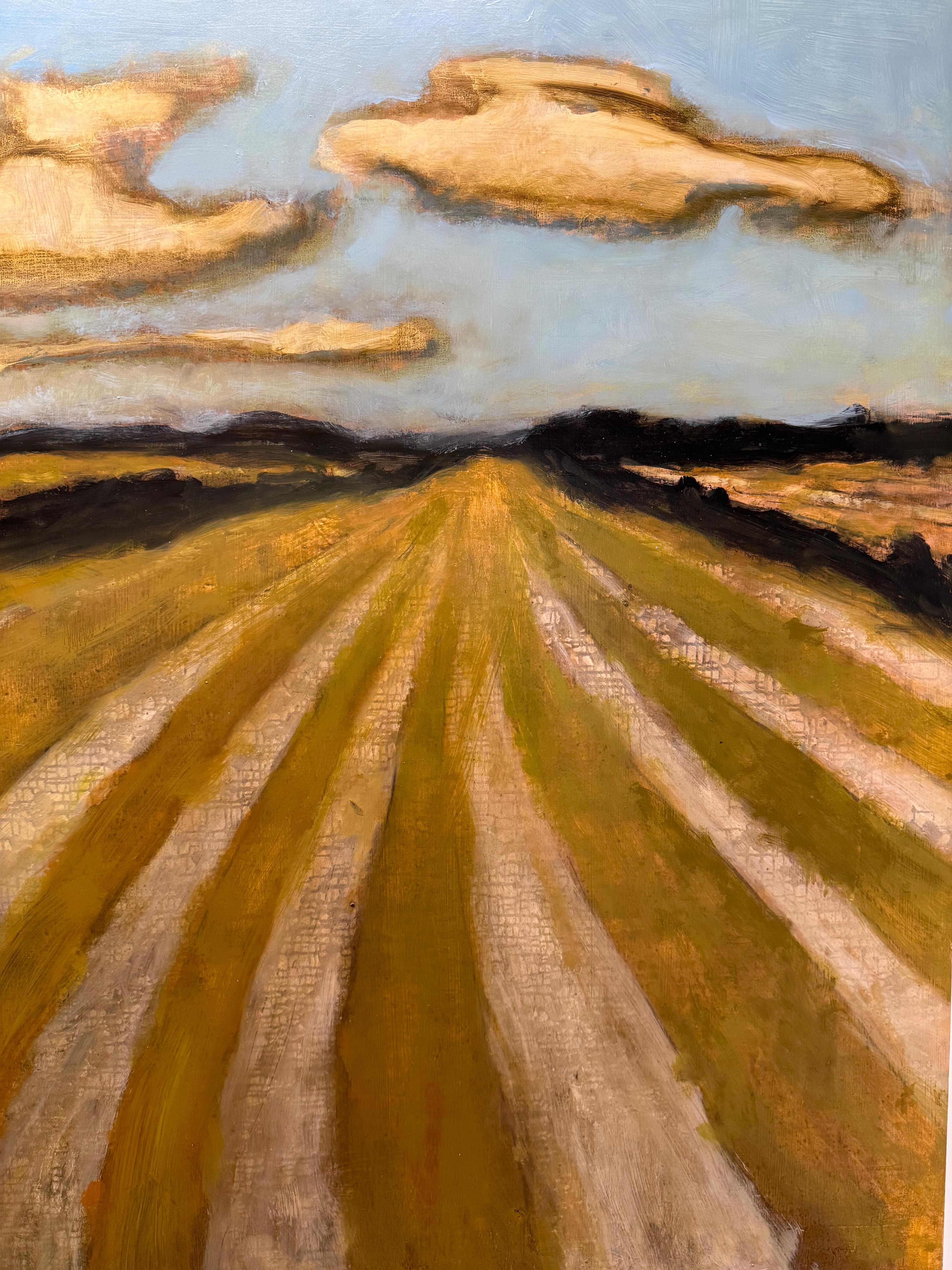 Long Field - Contemporary Landscape Bleu ciel blanc nuages jaune d'or, 2025 - Marron Landscape Painting par David Konigsberg