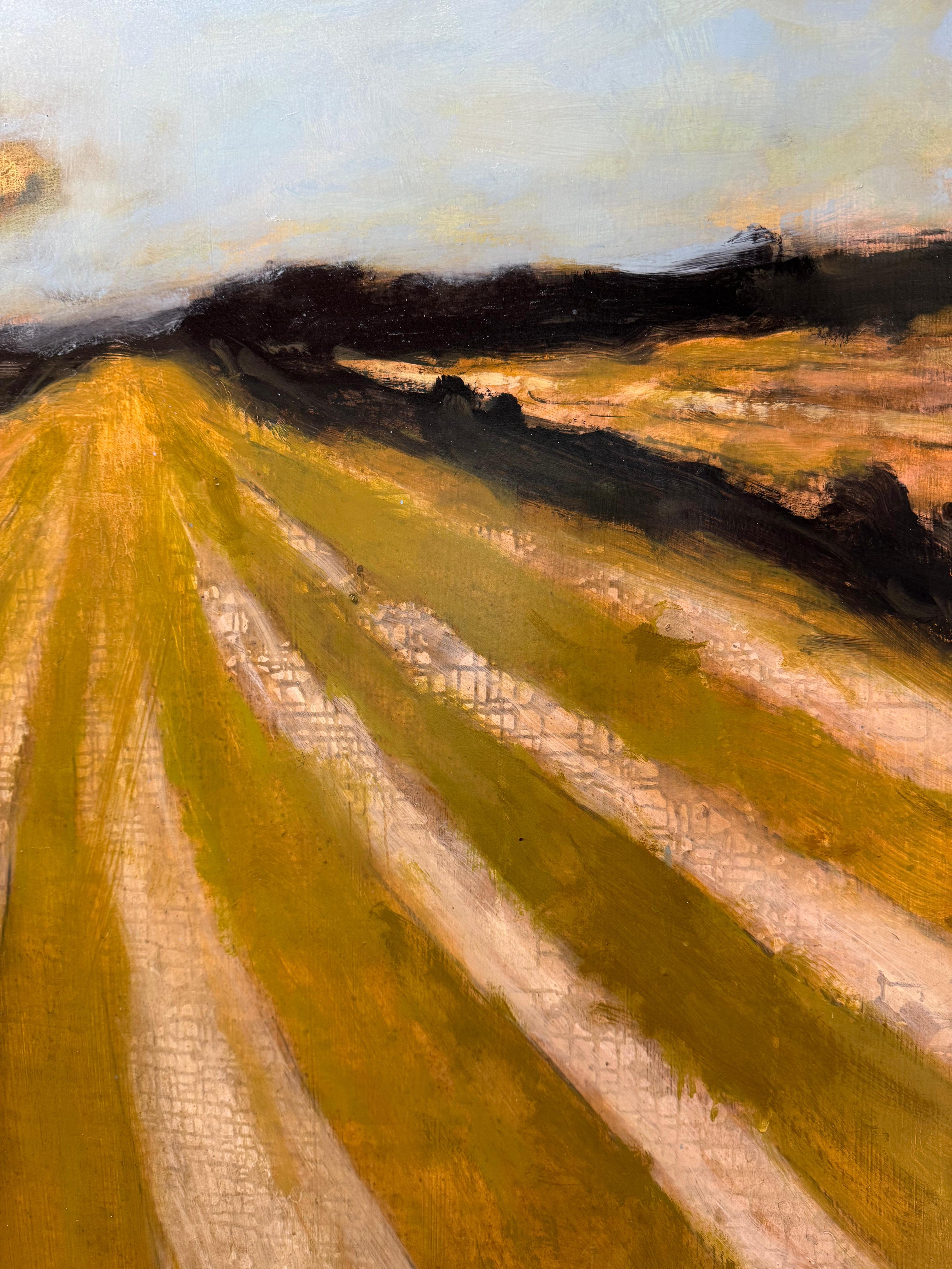 Long Field - Contemporary Landscape Bleu ciel blanc nuages jaune d'or, 2025 en vente 1