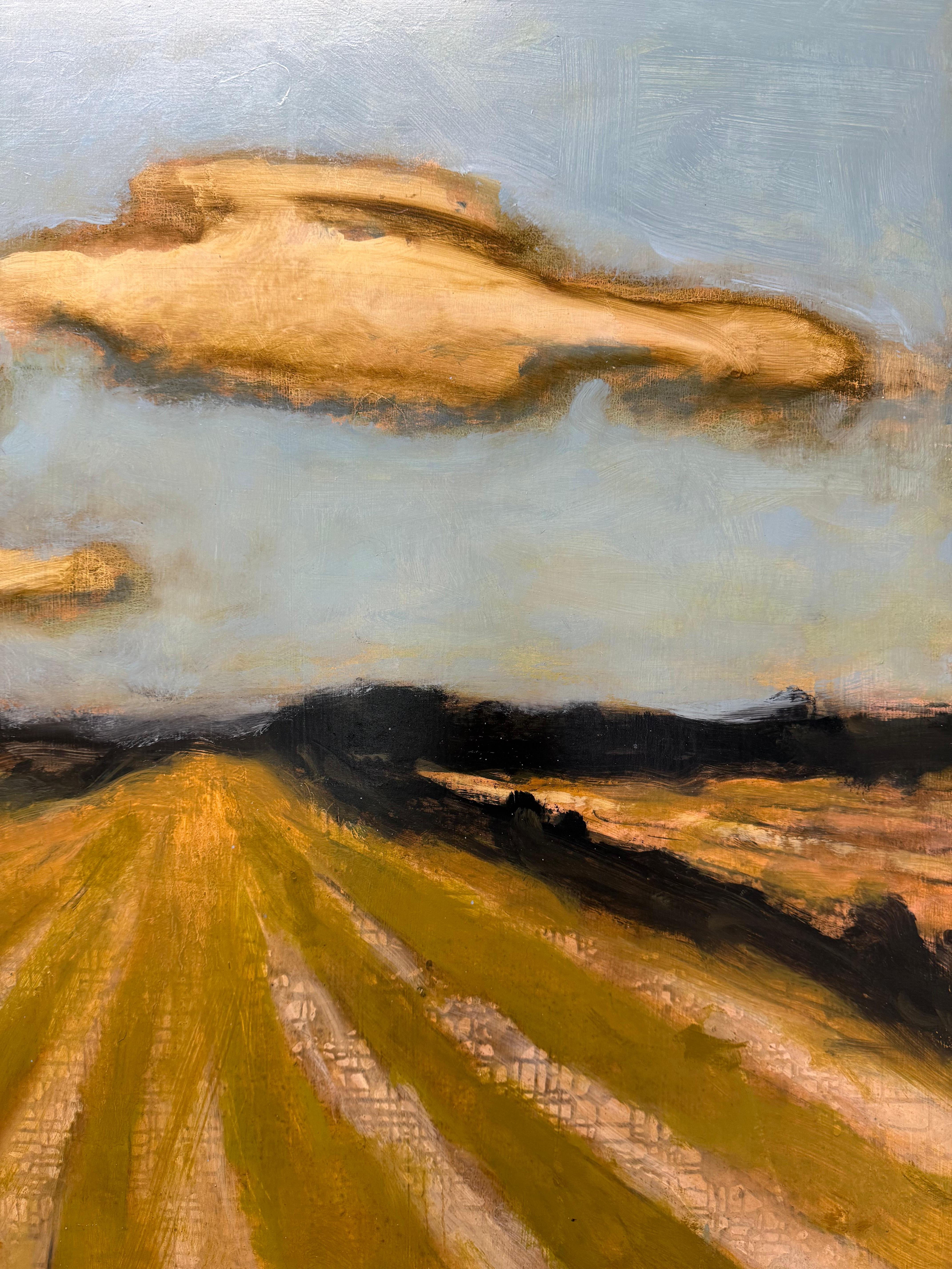 Long Field - Contemporary Landscape Bleu ciel blanc nuages jaune d'or, 2025 en vente 2