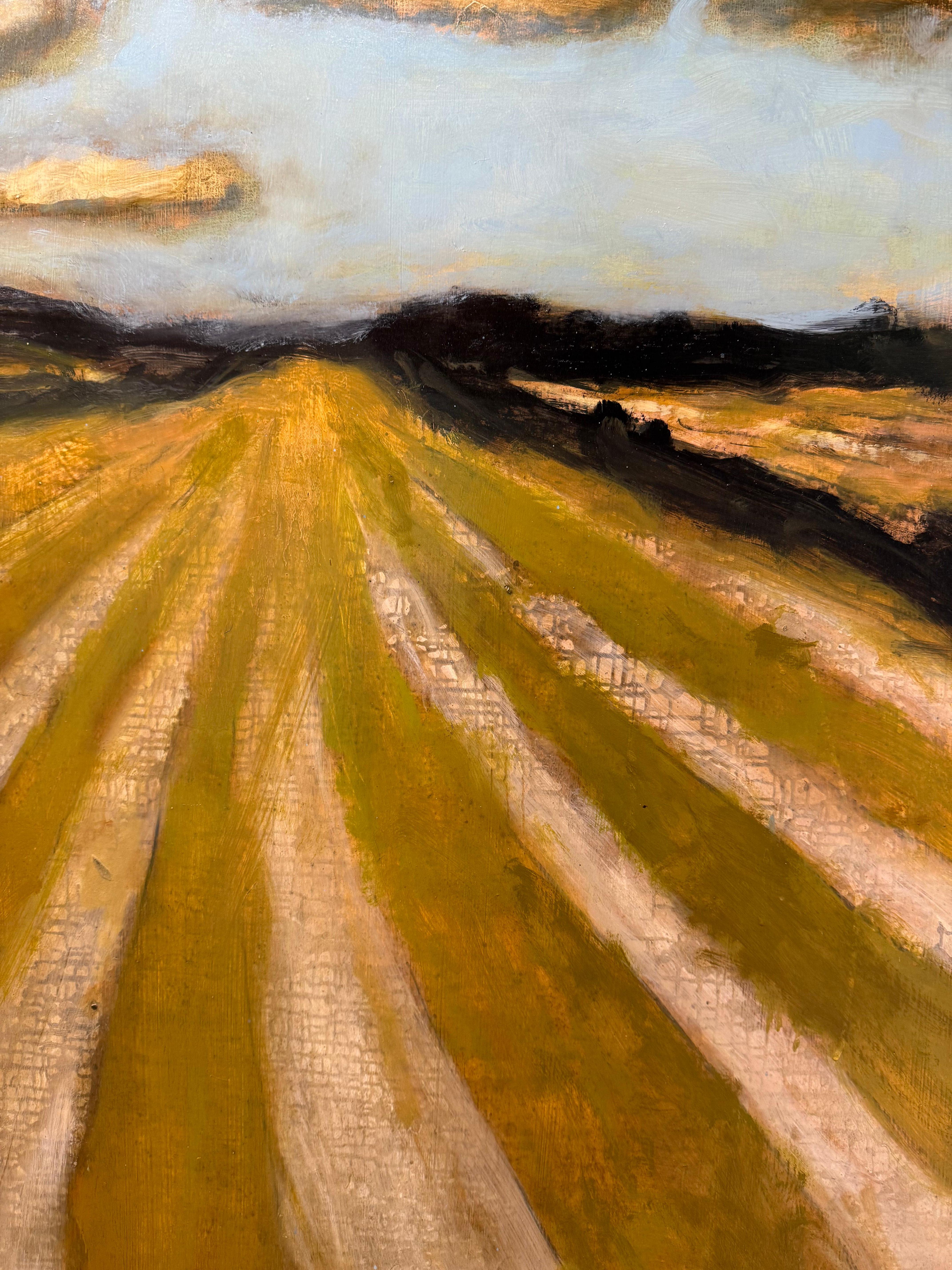 Long Field - Contemporary Landscape Bleu ciel blanc nuages jaune d'or, 2025 en vente 3