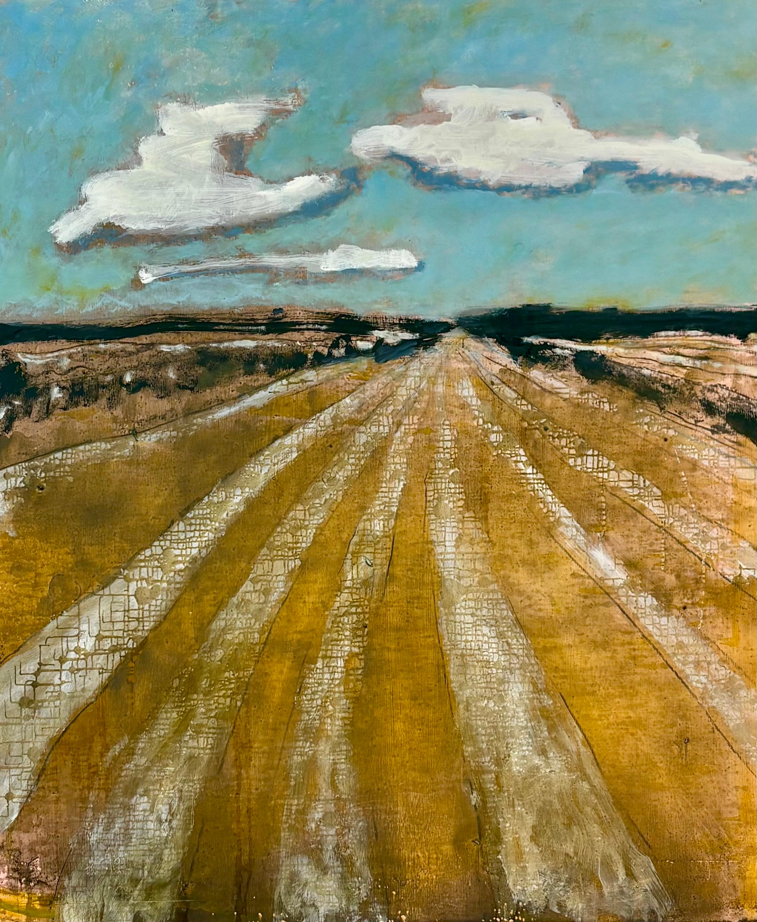 David Konigsberg Landscape Painting - Long Field - Contemporary Landscape Blue Sky White Clouds Golden Yellow, 2025