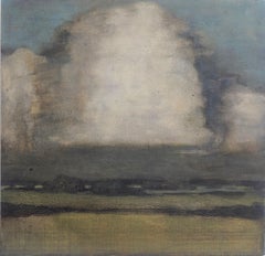 Looming Cumulus, Landscape Painting of Clouds in Sky Over Green and Gold Field