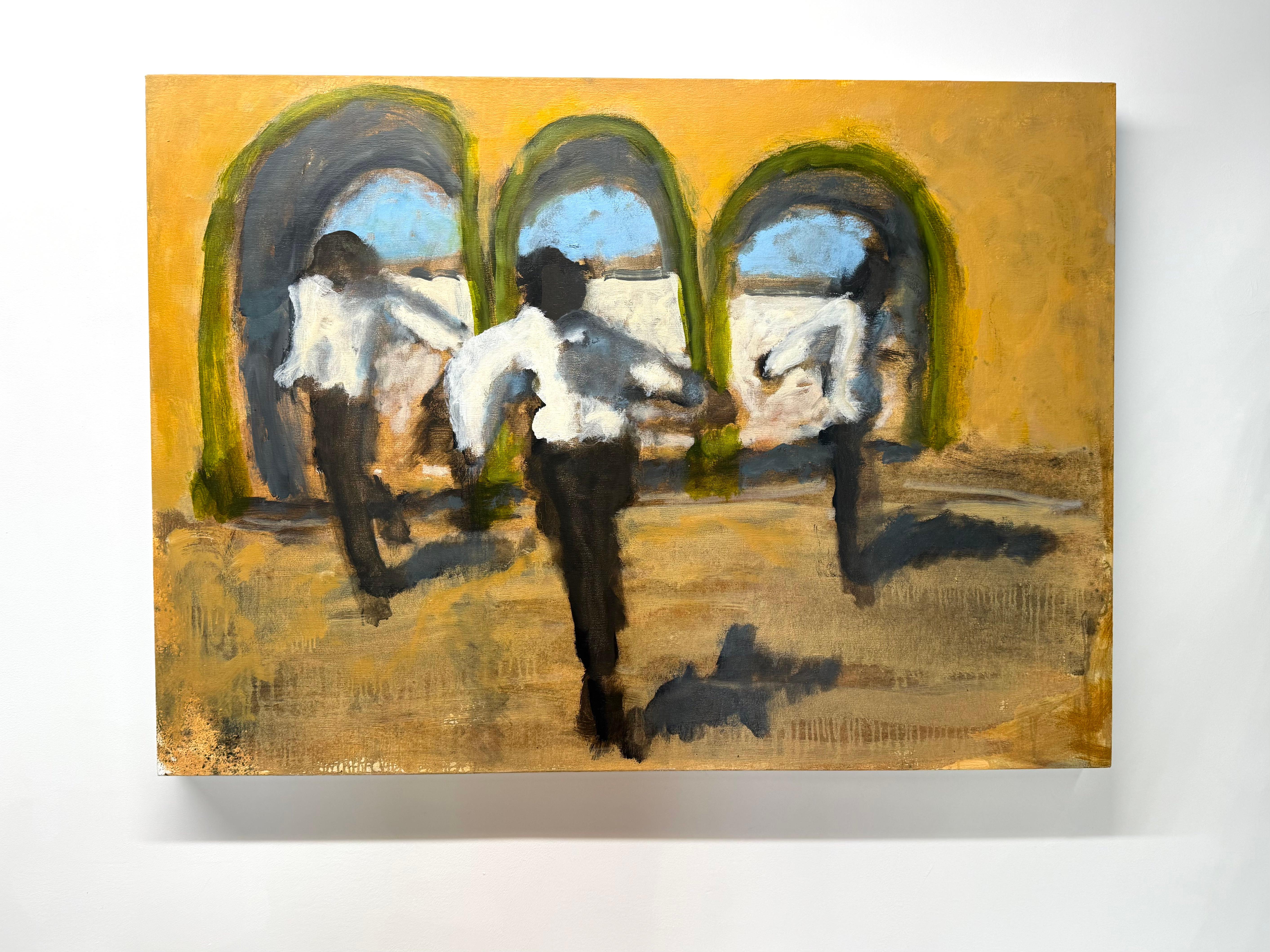 Midday Reel - Jumping Figures Golden Yellow Archways Landscape, 2025 - Painting by David Konigsberg