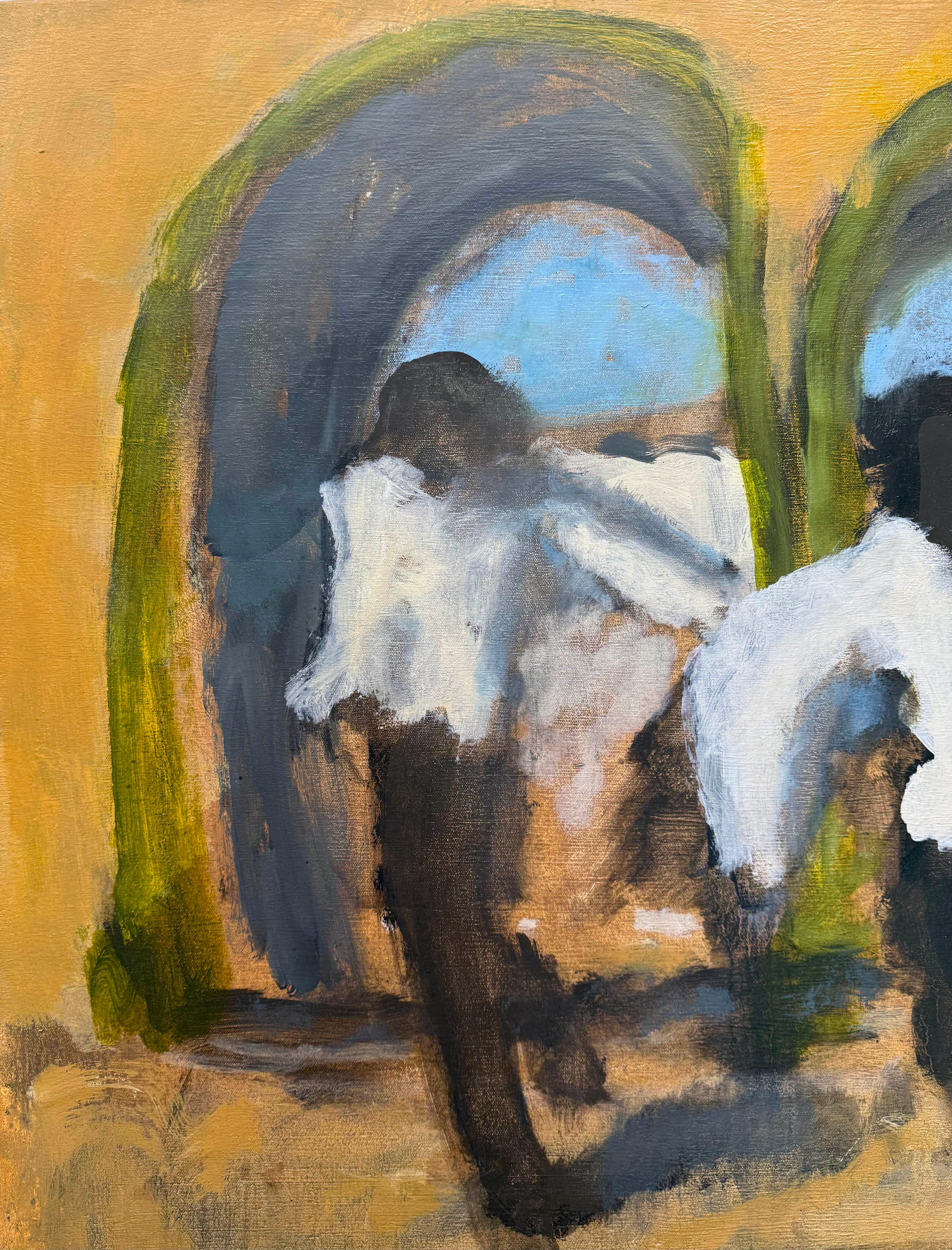 Midday Reel - Jumping Figures Golden Yellow Archways Landscape, 2025 - Contemporary Painting by David Konigsberg