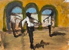 Enrouleur de midi - Figures bondissantes Jaune d'or Vert arches Paysage Ciel, 2025