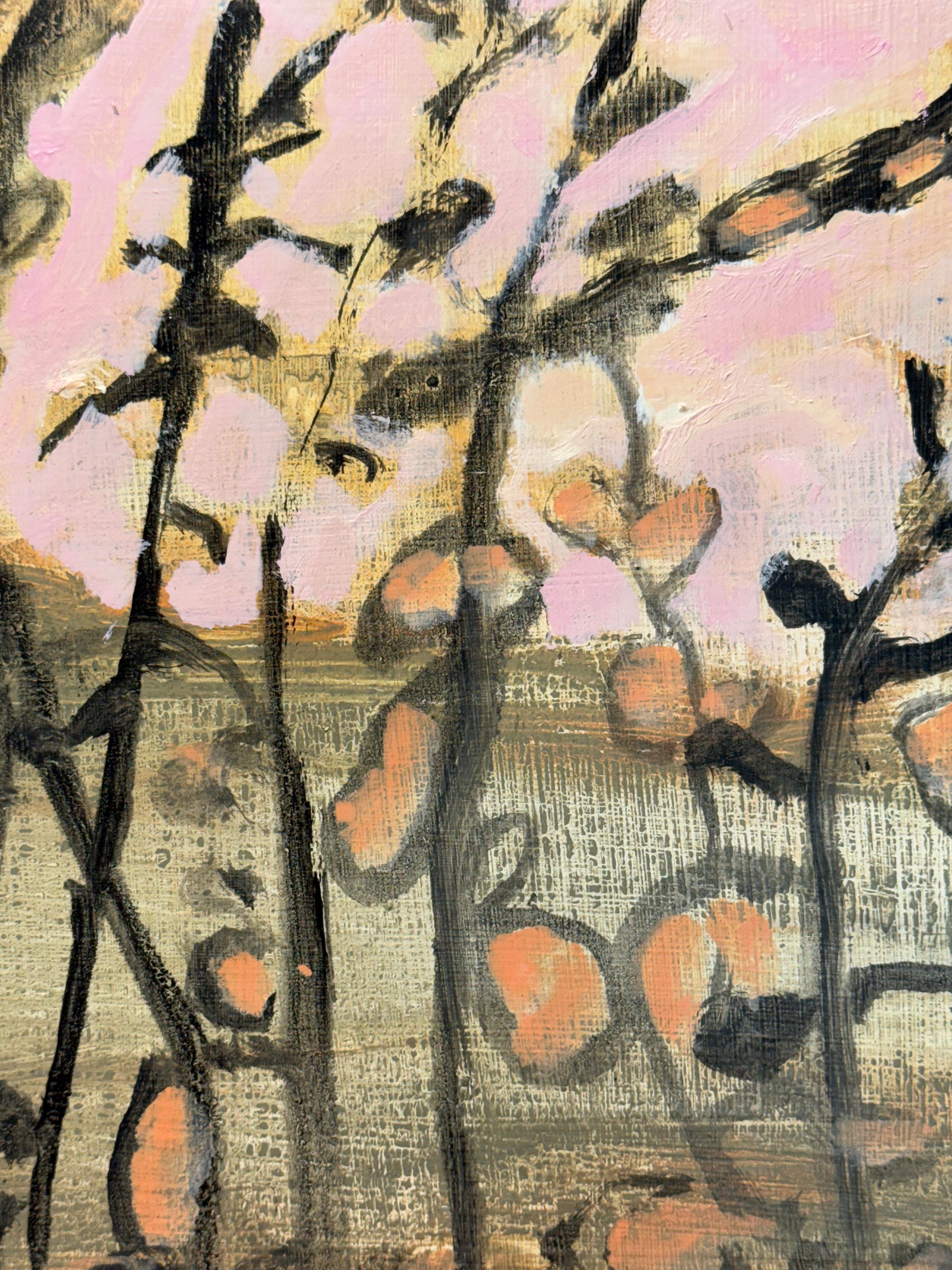 Contemporary botanical painting in oil on panel by David Konigsberg with a landscape in the background seen through a thicket with dusty rose pink flowers. Signed, dated and titled on verso.

David Konigsberg bridges the divide between art and real
