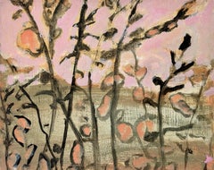 Morning - Contemporary Botanical Landscape Peach Flowers Sky, 2025
