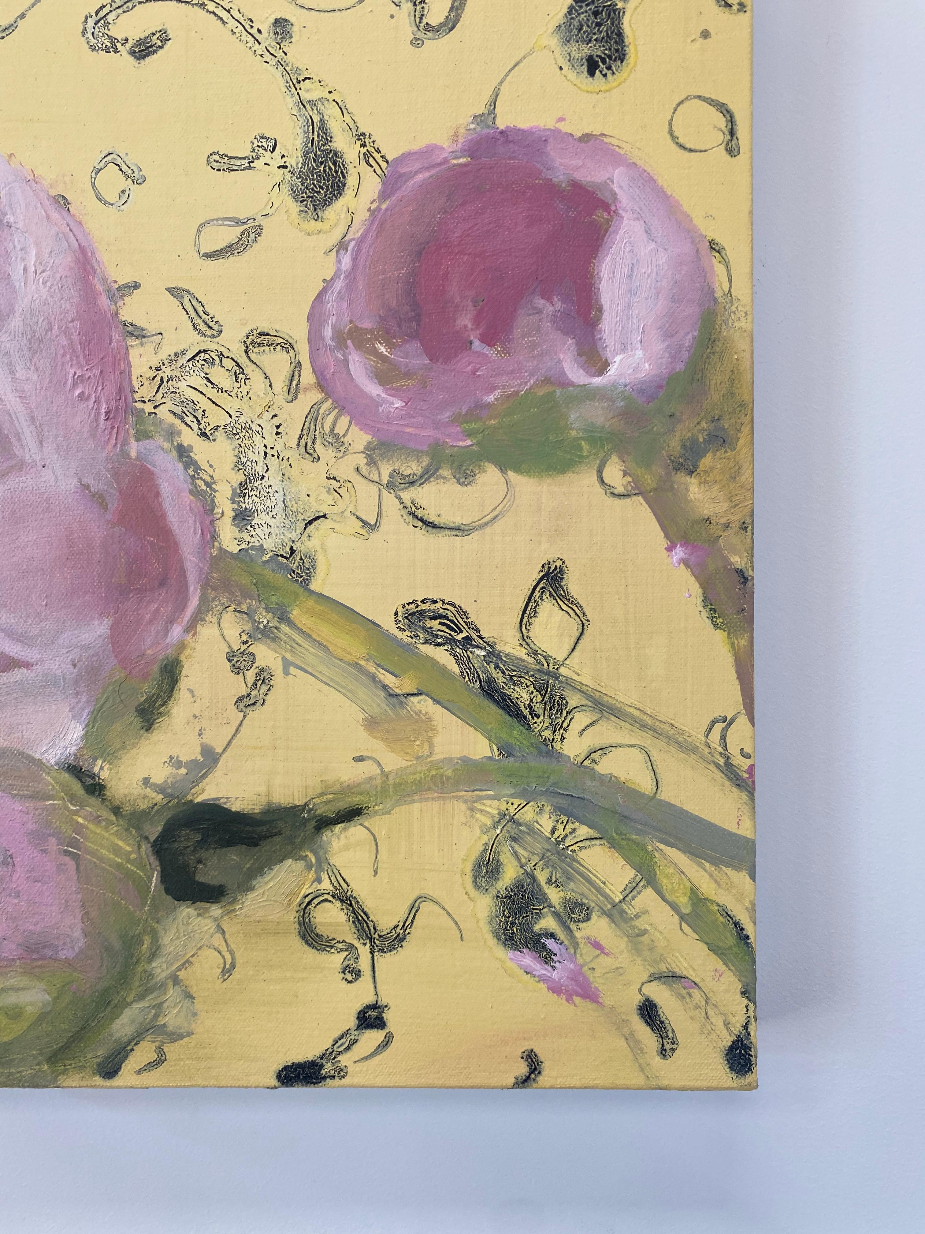 Morning Peonies, Botanical Still Life Painting, Pink Peony Flowers on Yellow 8