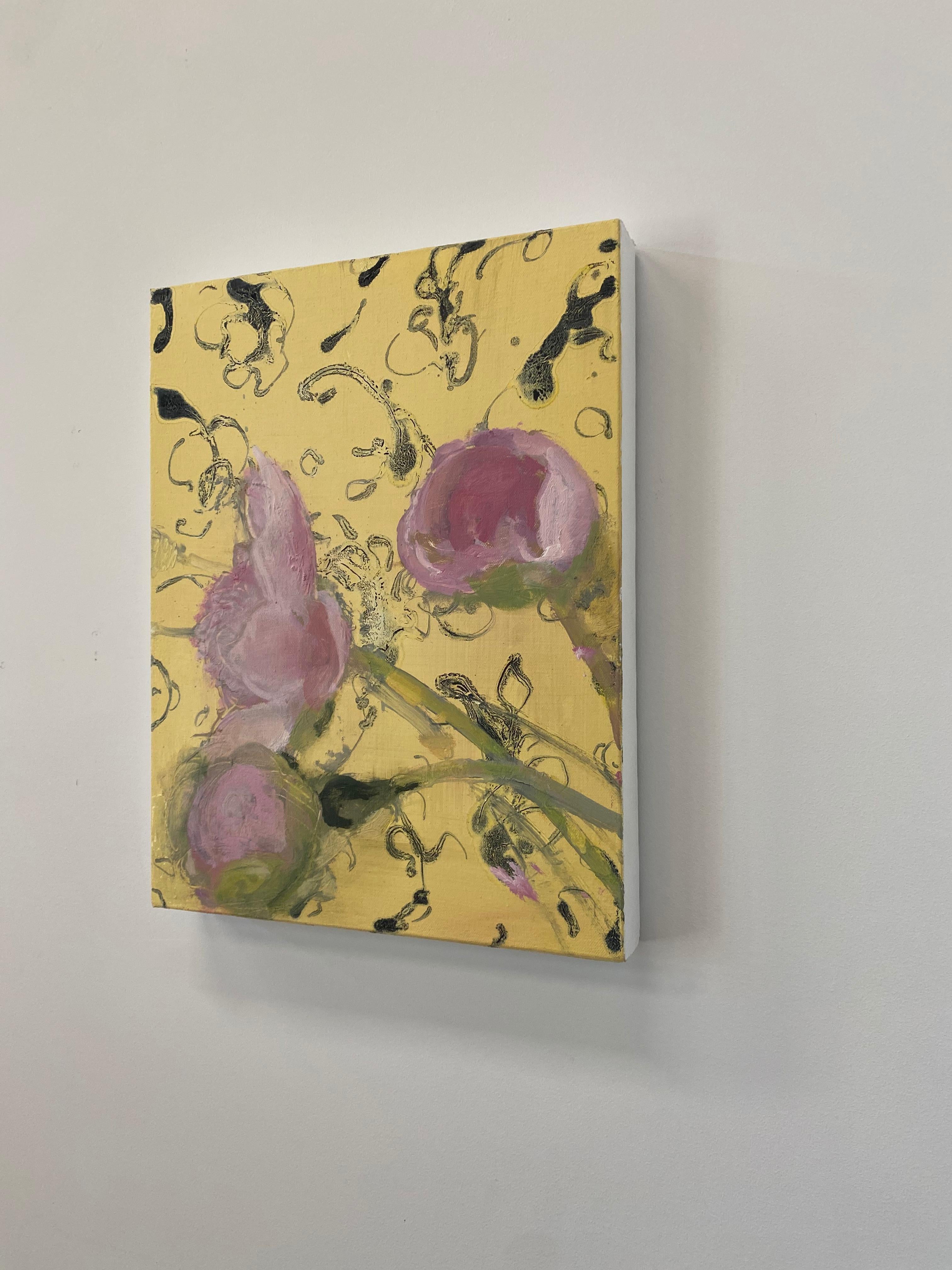 Morning Peonies, Botanical Still Life Painting, Pink Peony Flowers on Yellow - Beige Still-Life Painting by David Konigsberg