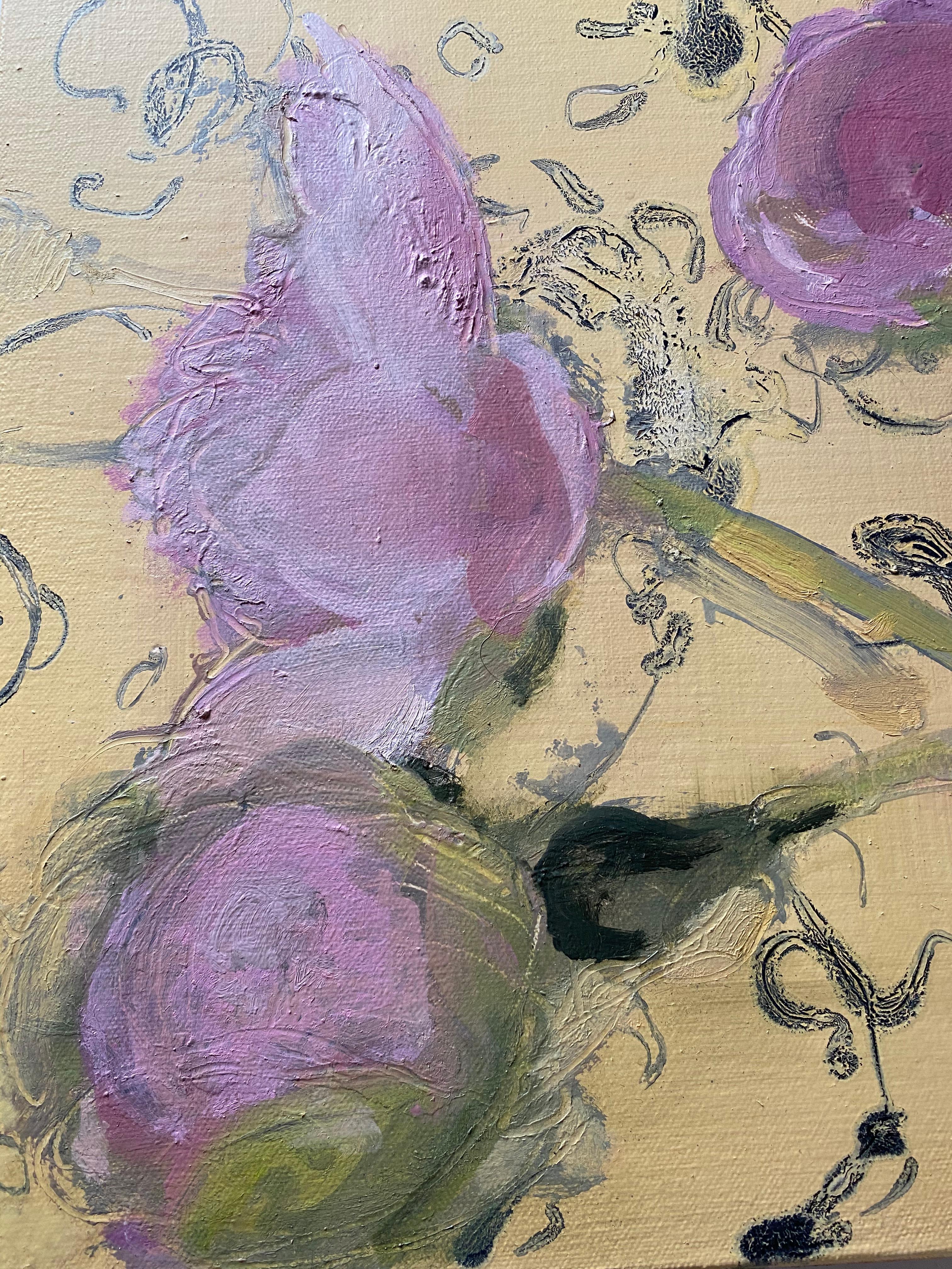 Morning Peonies, Botanical Still Life Painting, Pink Peony Flowers on Yellow 3