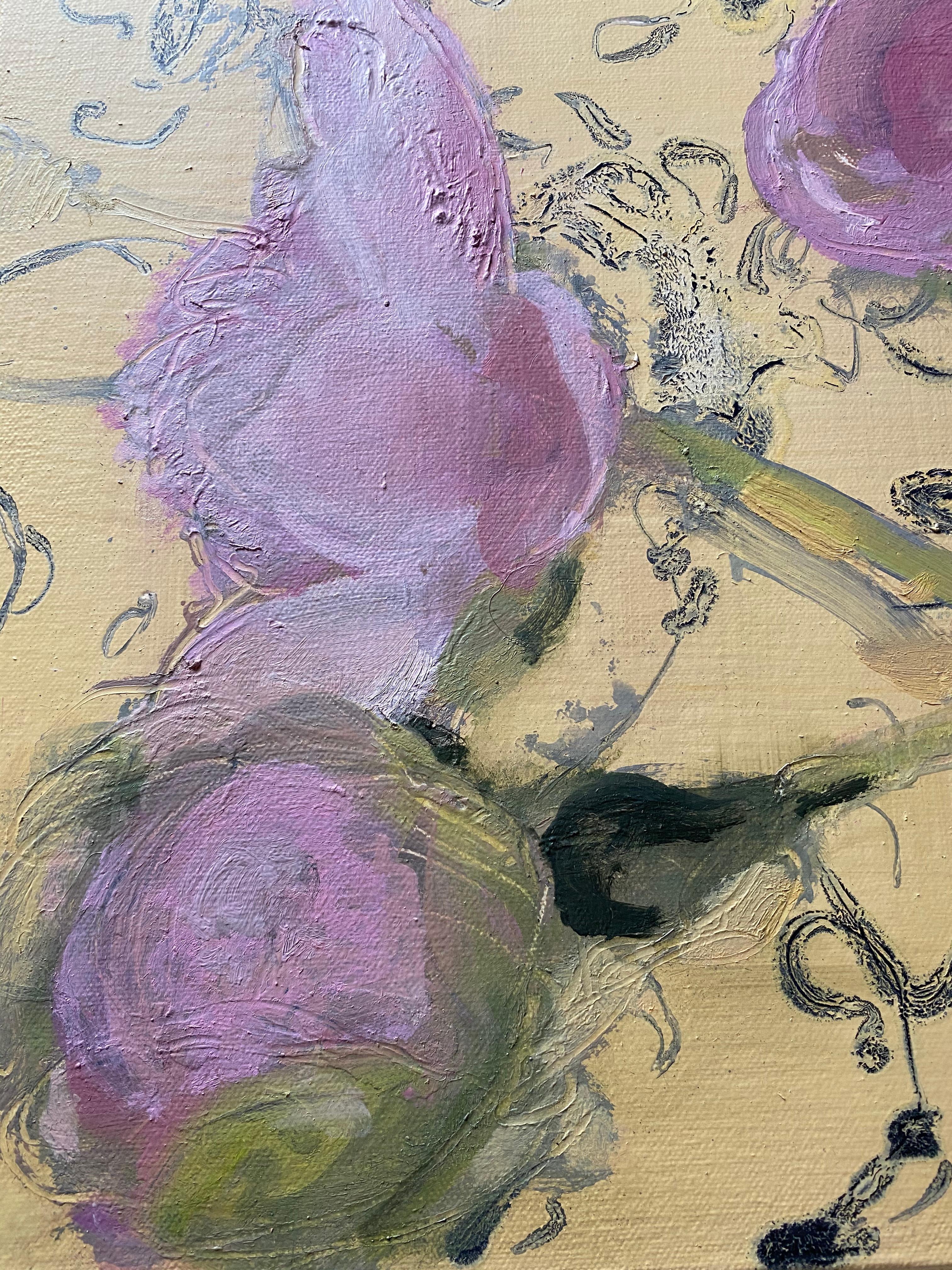 Morning Peonies, Botanical Still Life Painting, Pink Peony Flowers on Yellow 4